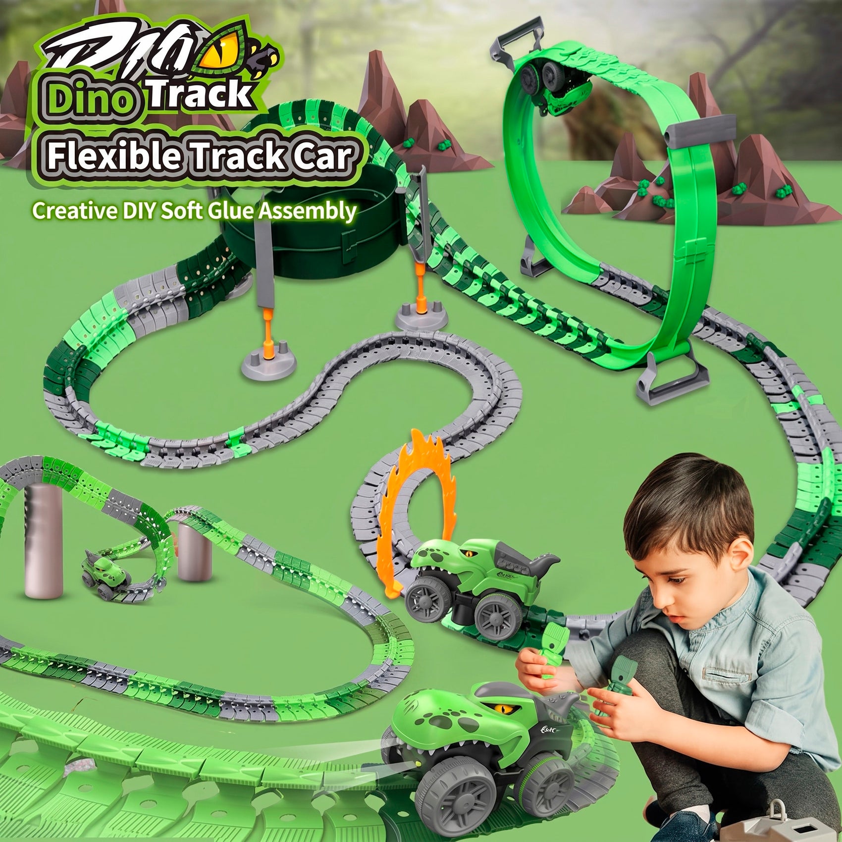 Pista de Coche Flexible de Dinosaurio DIY con Bucle 360° Circuito Modular Eléctrico para Niños 138 piezas