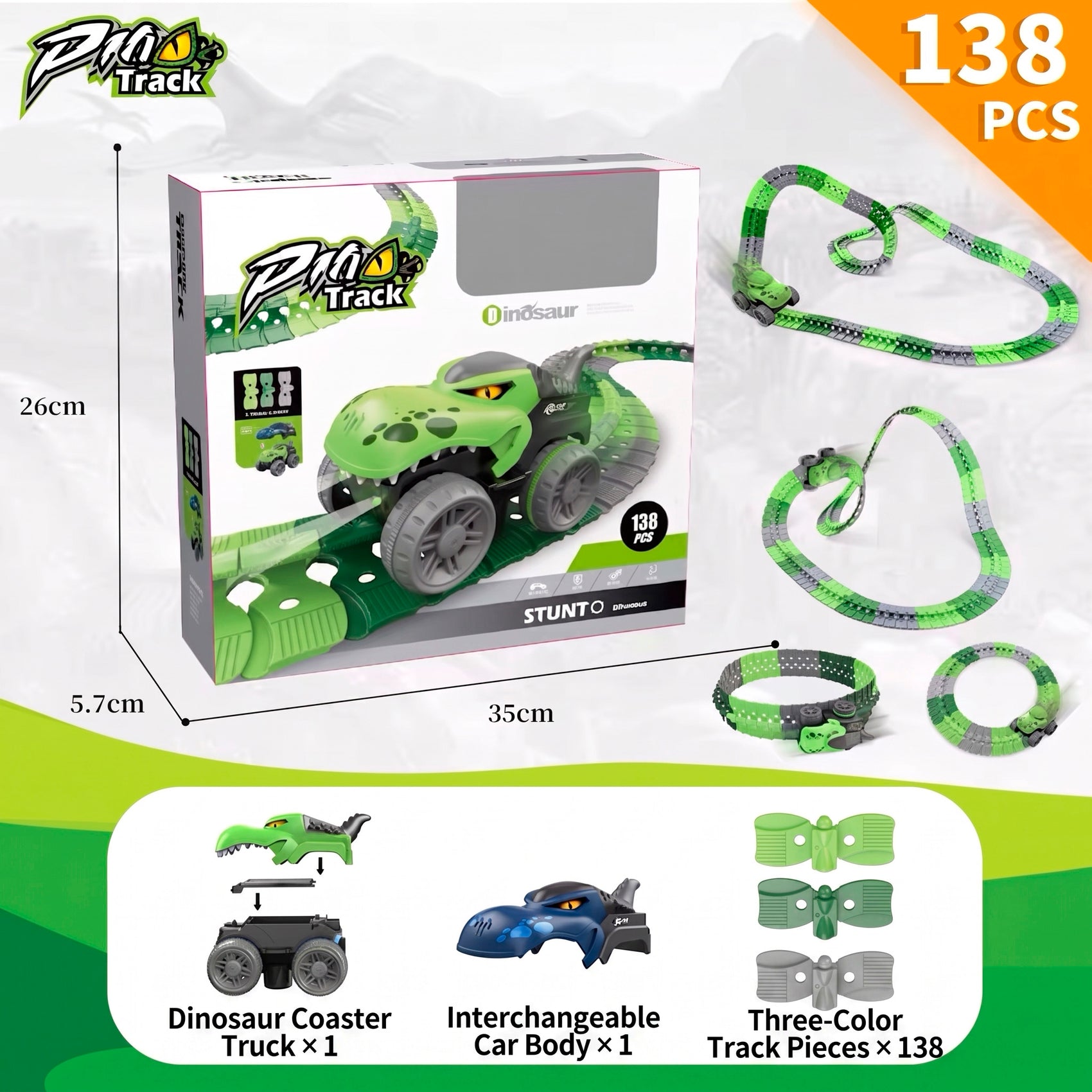 Pista de Coche Flexible de Dinosaurio DIY con Bucle 360° Circuito Modular Eléctrico para Niños 138 piezas
