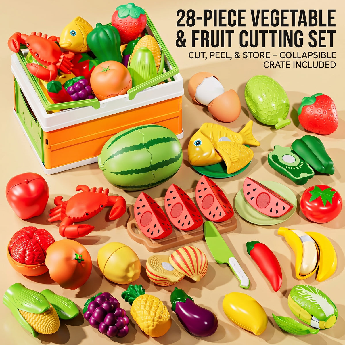 Set de Frutas y Verduras para Cortar de Juguete 28 Piezas Alimentos de Juguete con Velcros para Pelar y Cortar Incluye Cesta Plegable de Almacenamiento Tabla y Cuchillo para Niños
