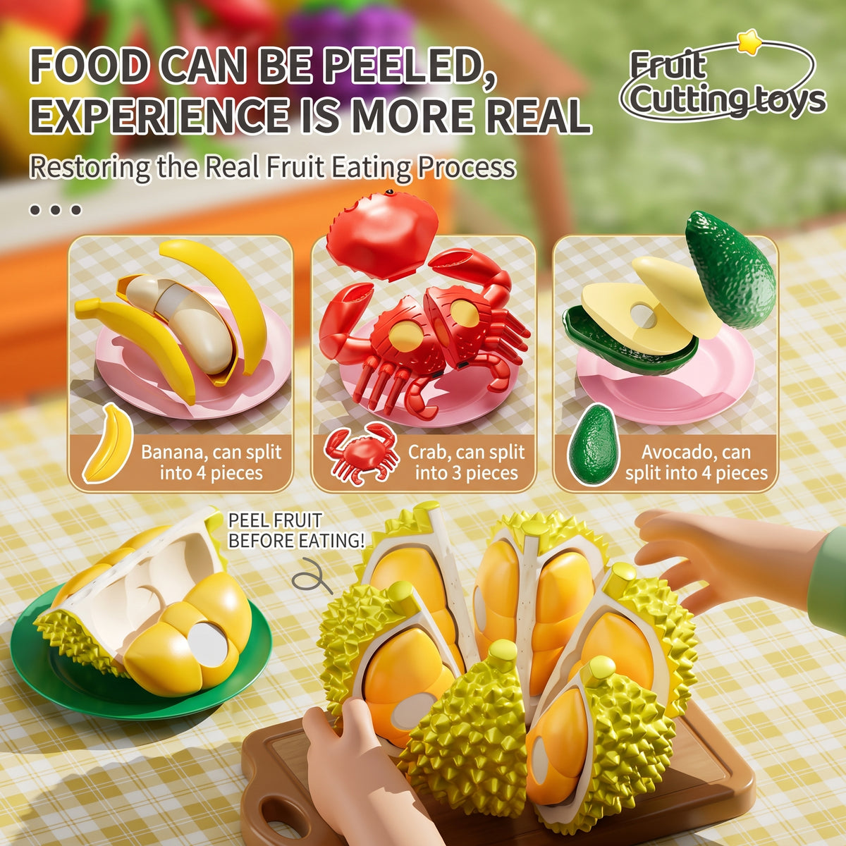 Set de Frutas y Verduras para Cortar de Juguete 28 Piezas Alimentos de Juguete con Velcros para Pelar y Cortar Incluye Cesta Plegable de Almacenamiento Tabla y Cuchillo para Niños