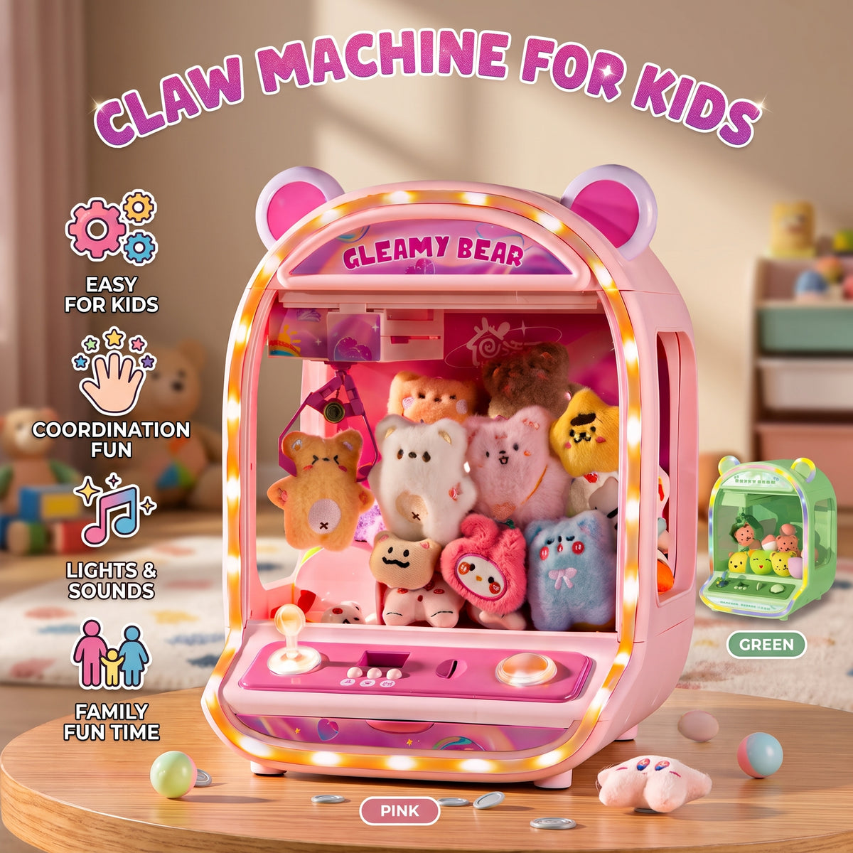 Mini Máquina de Gancho Atrapa Peluches para Niños con Luces y Música Juego Arcade de Feria con Palanca Mini Peluches y Cápsulas Incluidas