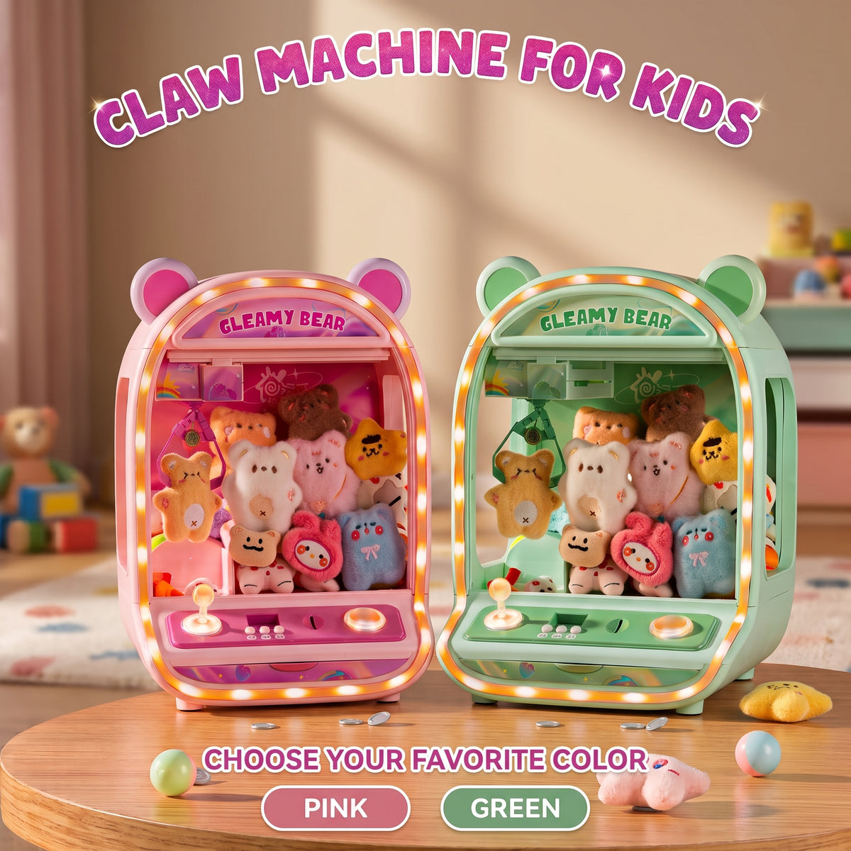 Mini Máquina de Gancho Atrapa Peluches para Niños con Luces y Música Juego Arcade de Feria con Palanca Mini Peluches y Cápsulas Incluidas