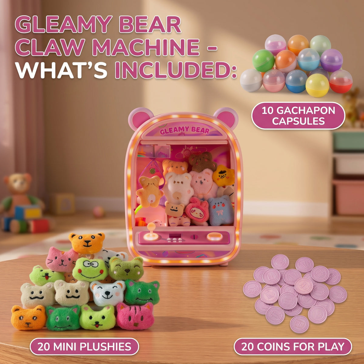 Mini Máquina de Gancho Atrapa Peluches para Niños con Luces y Música Juego Arcade de Feria con Palanca Mini Peluches y Cápsulas Incluidas