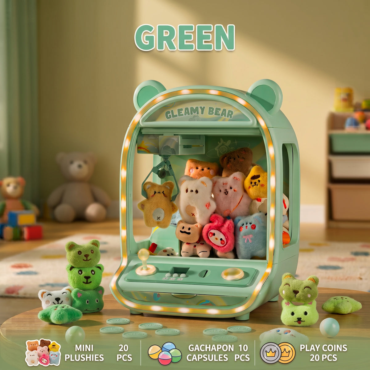 Mini Máquina de Gancho Atrapa Peluches para Niños con Luces y Música Juego Arcade de Feria con Palanca Mini Peluches y Cápsulas Incluidas