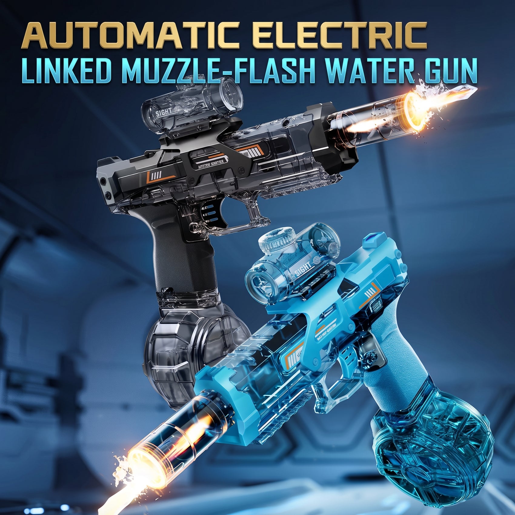 Pistola de Agua Eléctrica Automática con Sistema de Retroceso y Luz LED Alcance 10-12m Cargador Tambor de 500ml y Batería de Litio Recargable