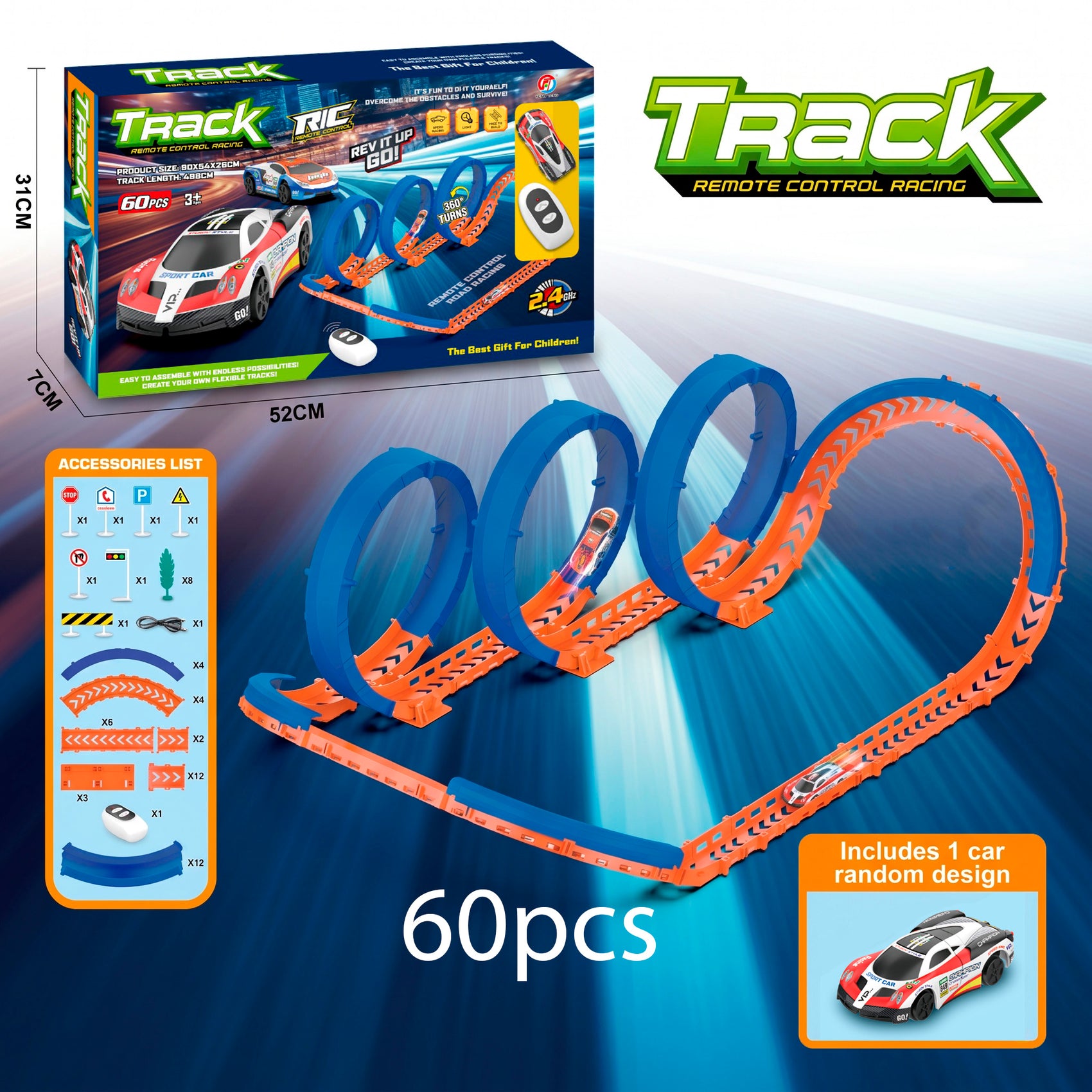 Circuito de Carreras Alta Velocidad con Coche a Control Remoto y Bucles 360 grados Pista Acrobática Modulable DIY para Niños