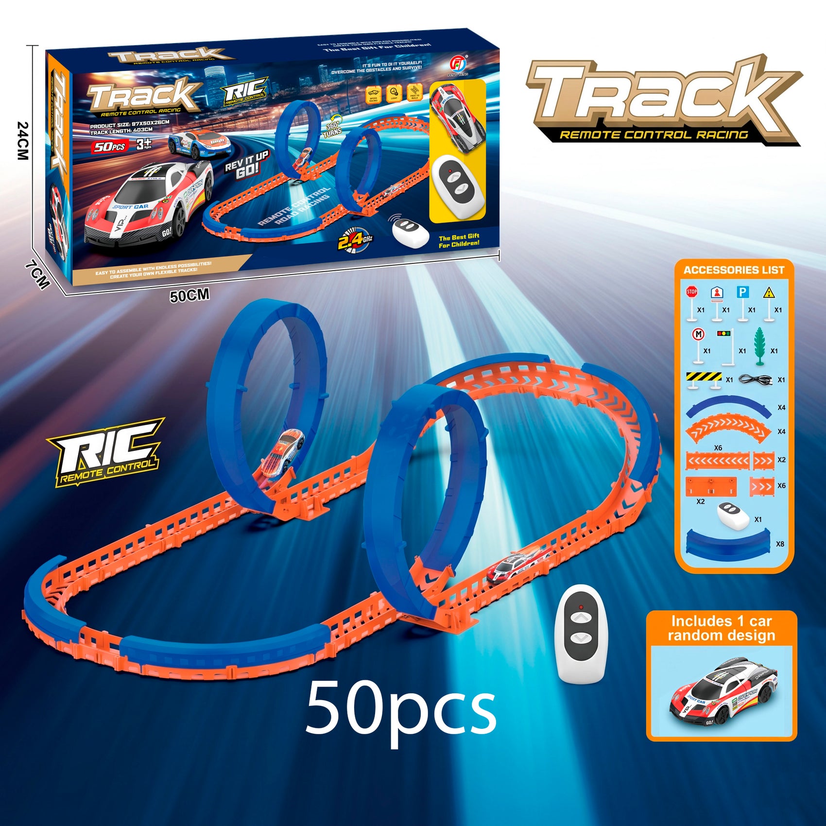 Circuito de Carreras Alta Velocidad con Coche a Control Remoto y Bucles 360 grados Pista Acrobática Modulable DIY para Niños