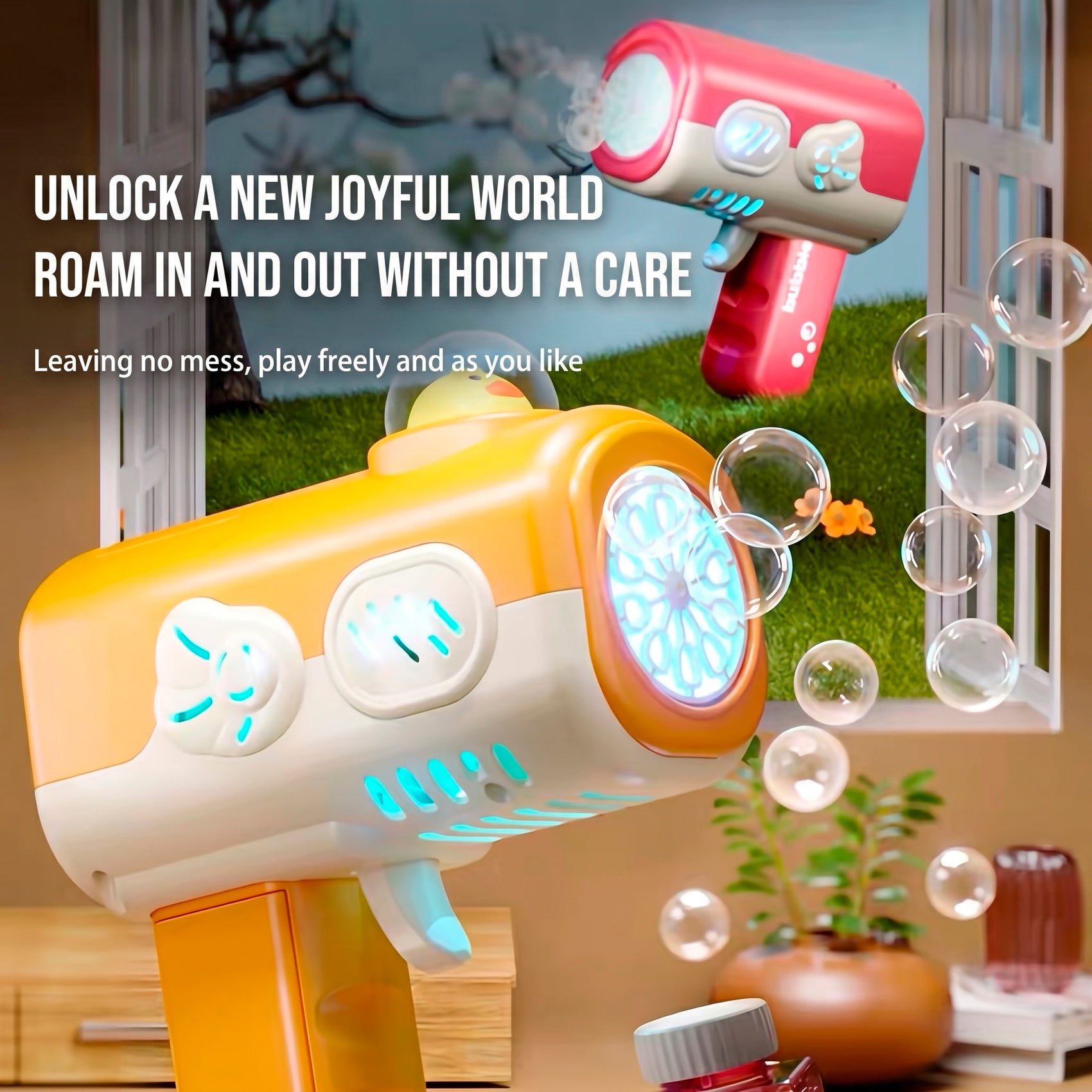 Pistola de Burbujas Automática de 10 Salidas Diseño Mascota con Líquido Incluido para Niños