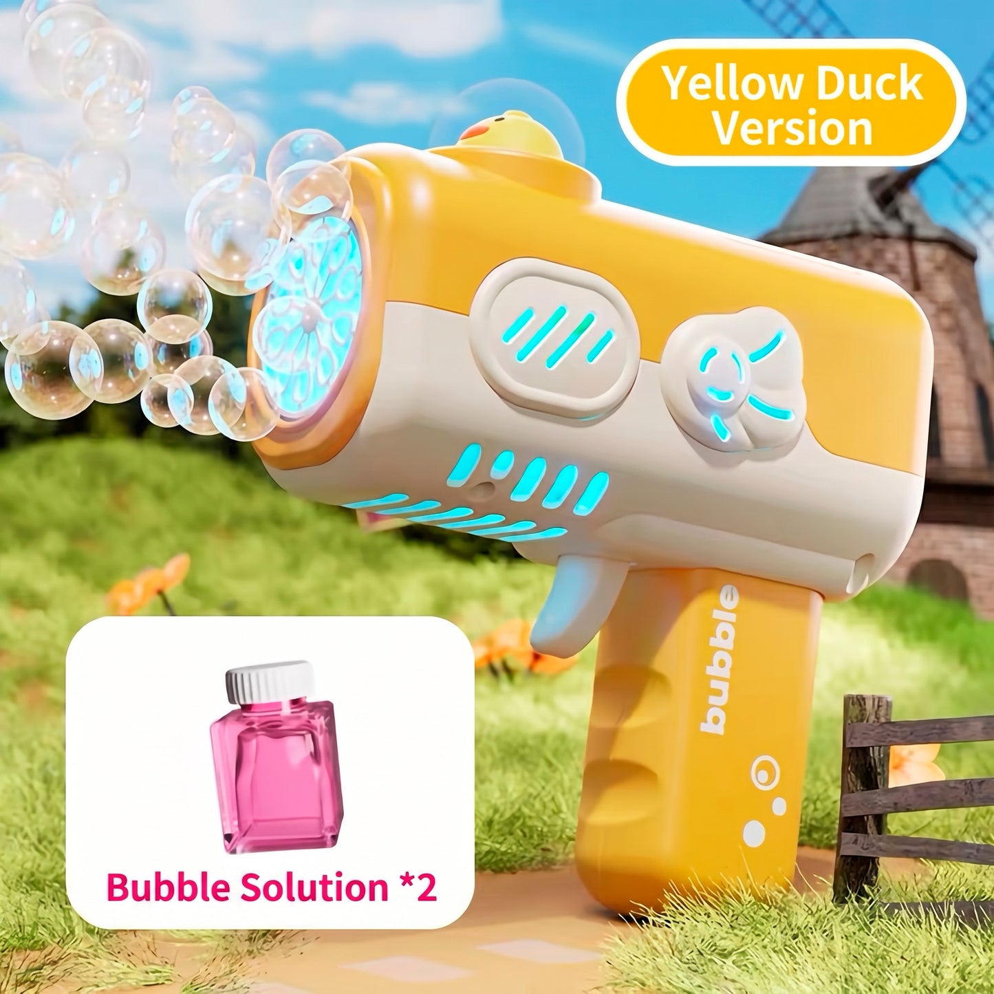 Pistola de Burbujas Automática de 10 Salidas Diseño Mascota con Líquido Incluido para Niños
