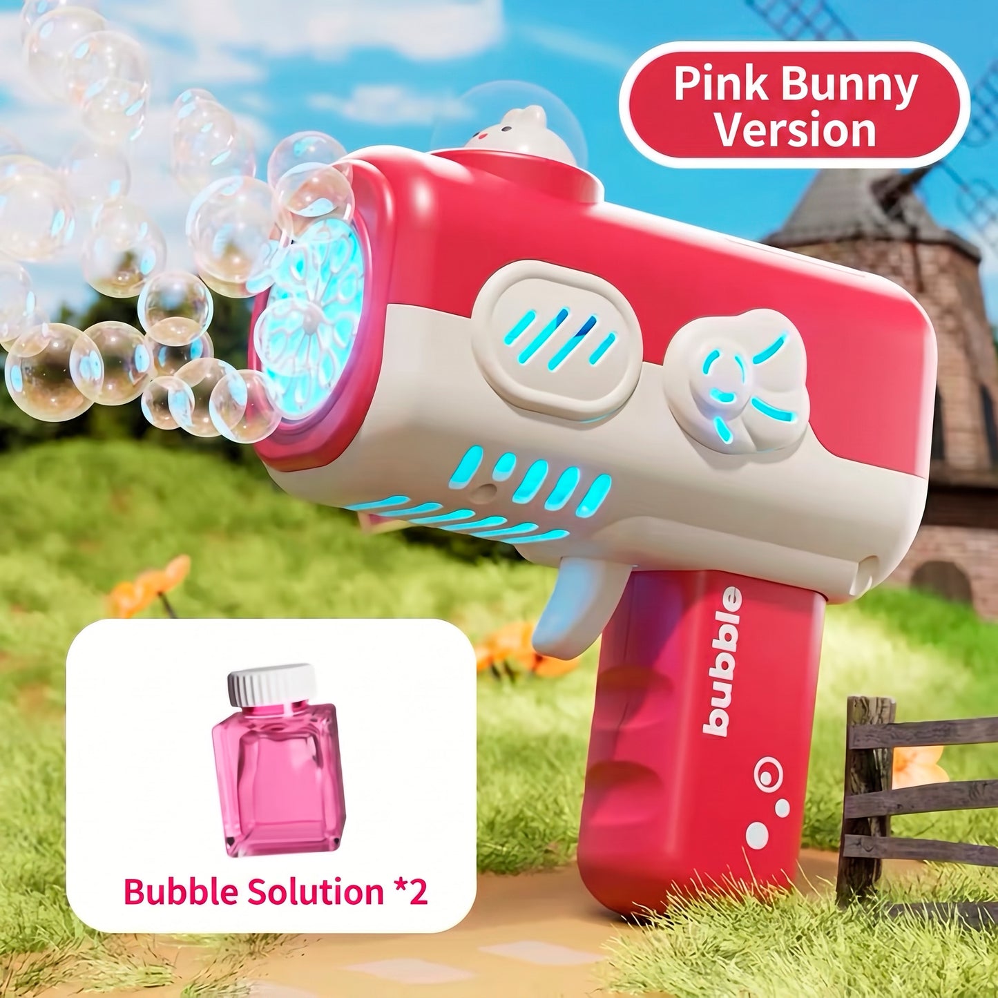 Pistola de Burbujas Automática de 10 Salidas Diseño Mascota con Líquido Incluido para Niños