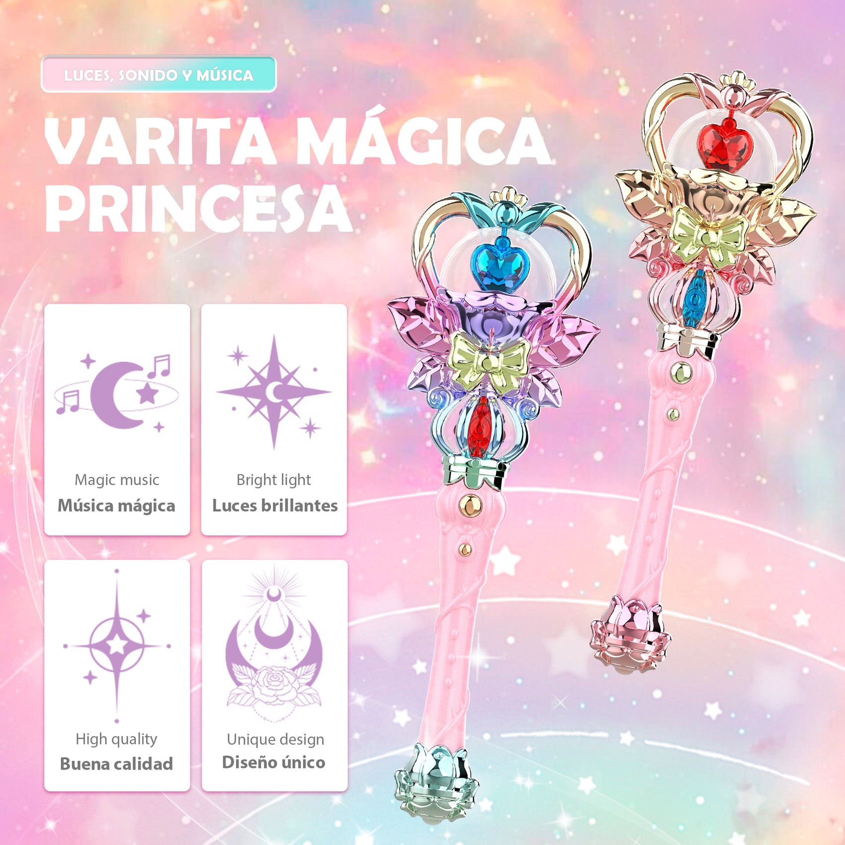 Varita Mágica Princesa de Corazón con Rotación Luces y Música