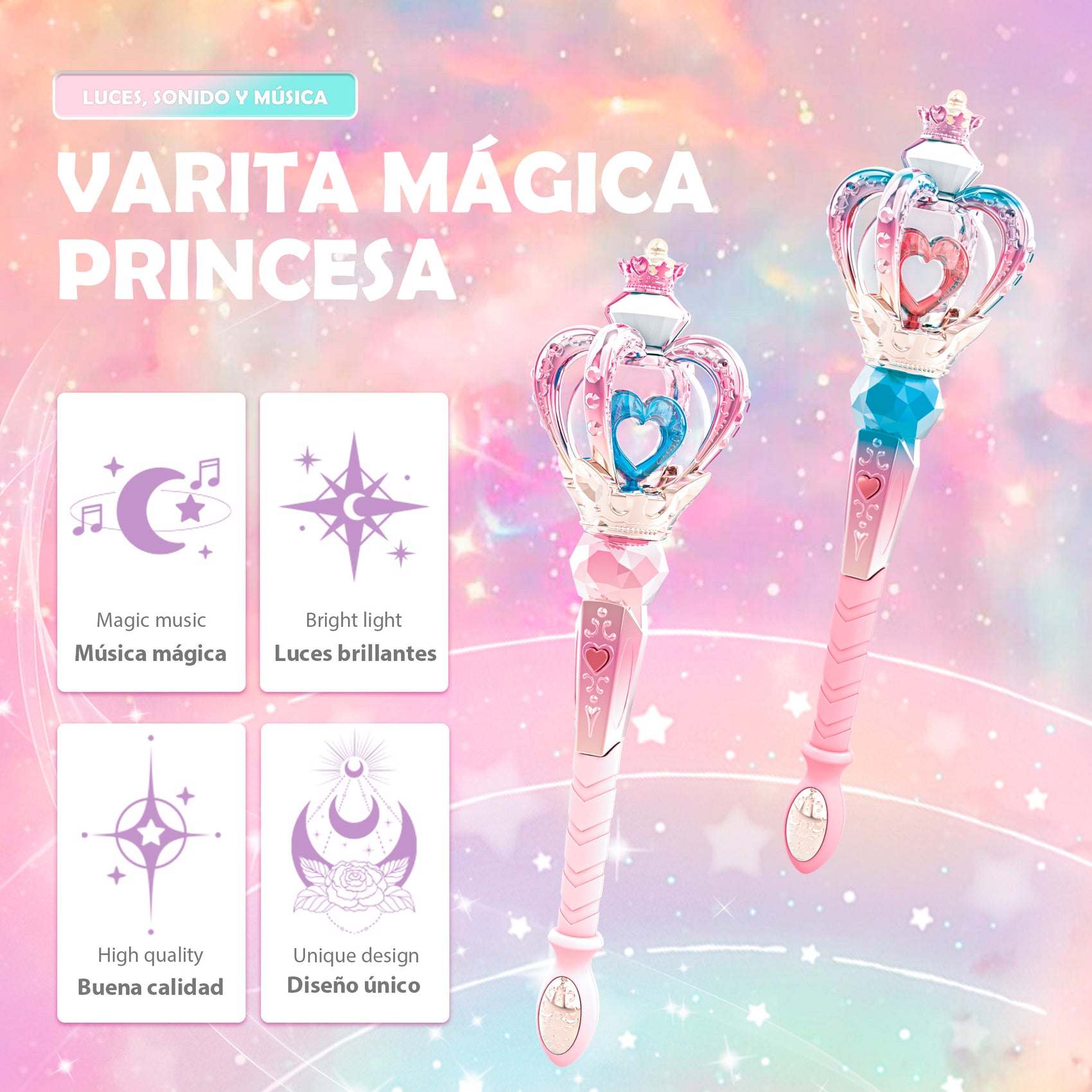 Varita Mágica Princesa de Corona con Rotación Luces y Música