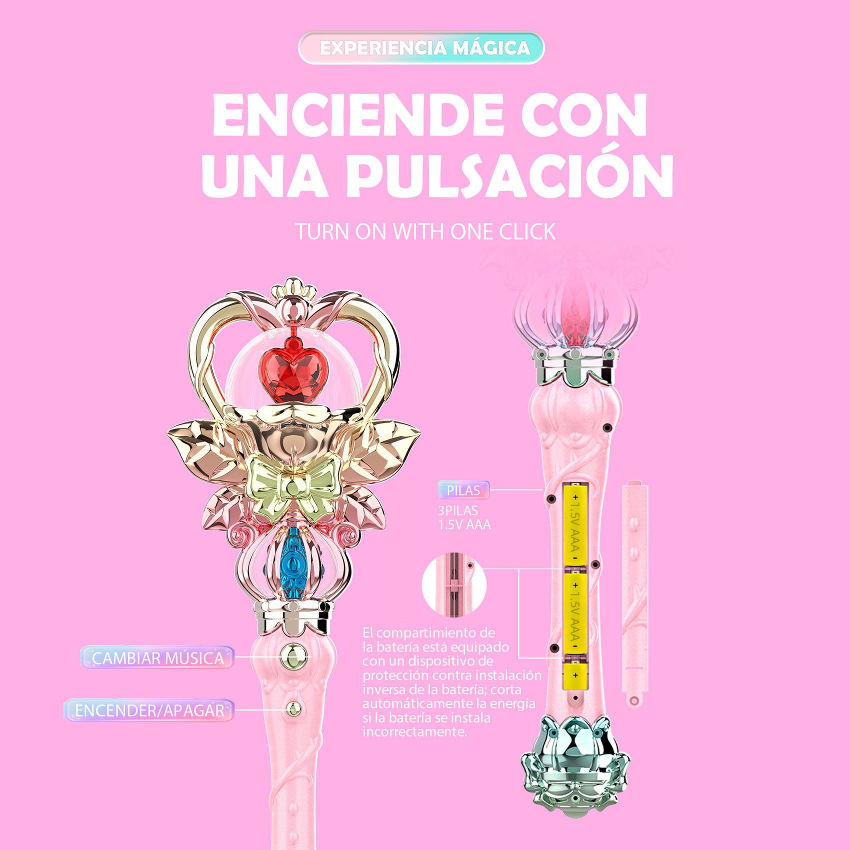 Varita Mágica Princesa de Corazón con Rotación Luces y Música