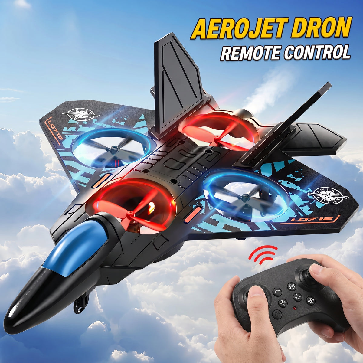 Dron Teledirigido con Forma de Avión Caza de Combate Cuadricóptero RC con Luces LED RGB Protección de Hélices y Control Fácil para Niños y Principiantes
