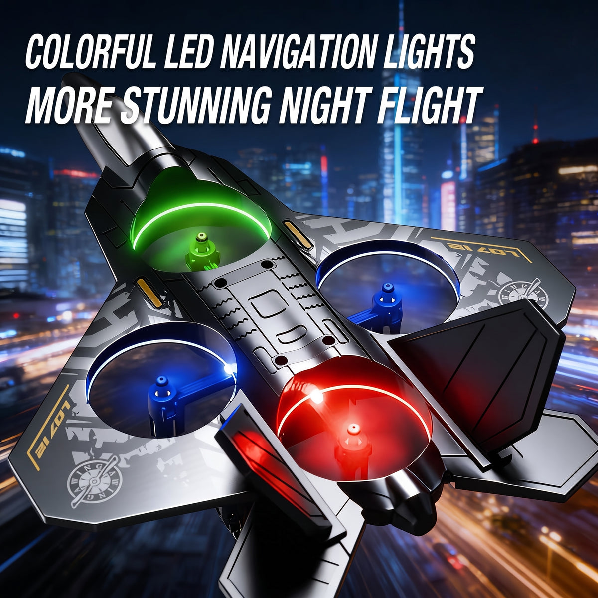 Dron Teledirigido con Forma de Avión Caza de Combate Cuadricóptero RC con Luces LED RGB Protección de Hélices y Control Fácil para Niños y Principiantes