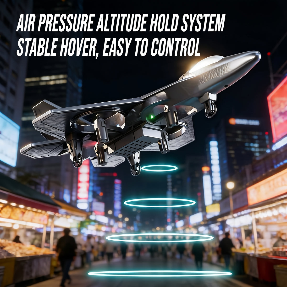 Dron Teledirigido con Forma de Avión Caza de Combate Cuadricóptero RC con Luces LED RGB Protección de Hélices y Control Fácil para Niños y Principiantes