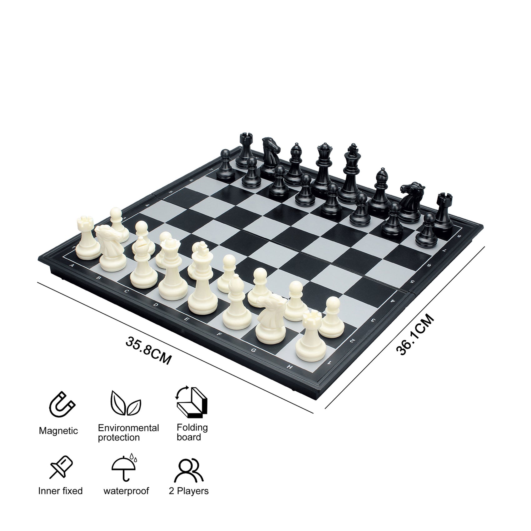 JUEGO DE AJEDREZ PLEGABLE MAGNETICO BLANCO Y NEGRO 36CM