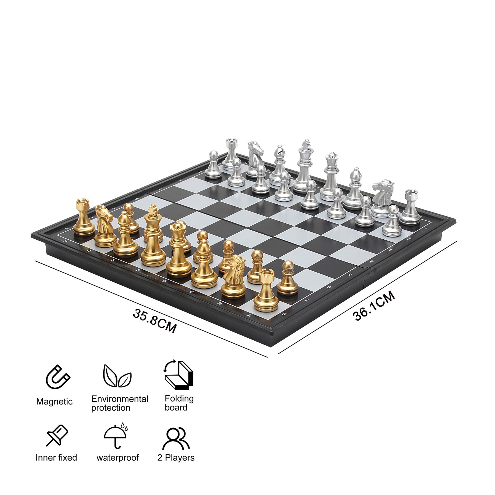 JUEGO DE AJEDREZ PLEGABLE MAGNETICO COLOR DORADO Y PLATEADO 36CM