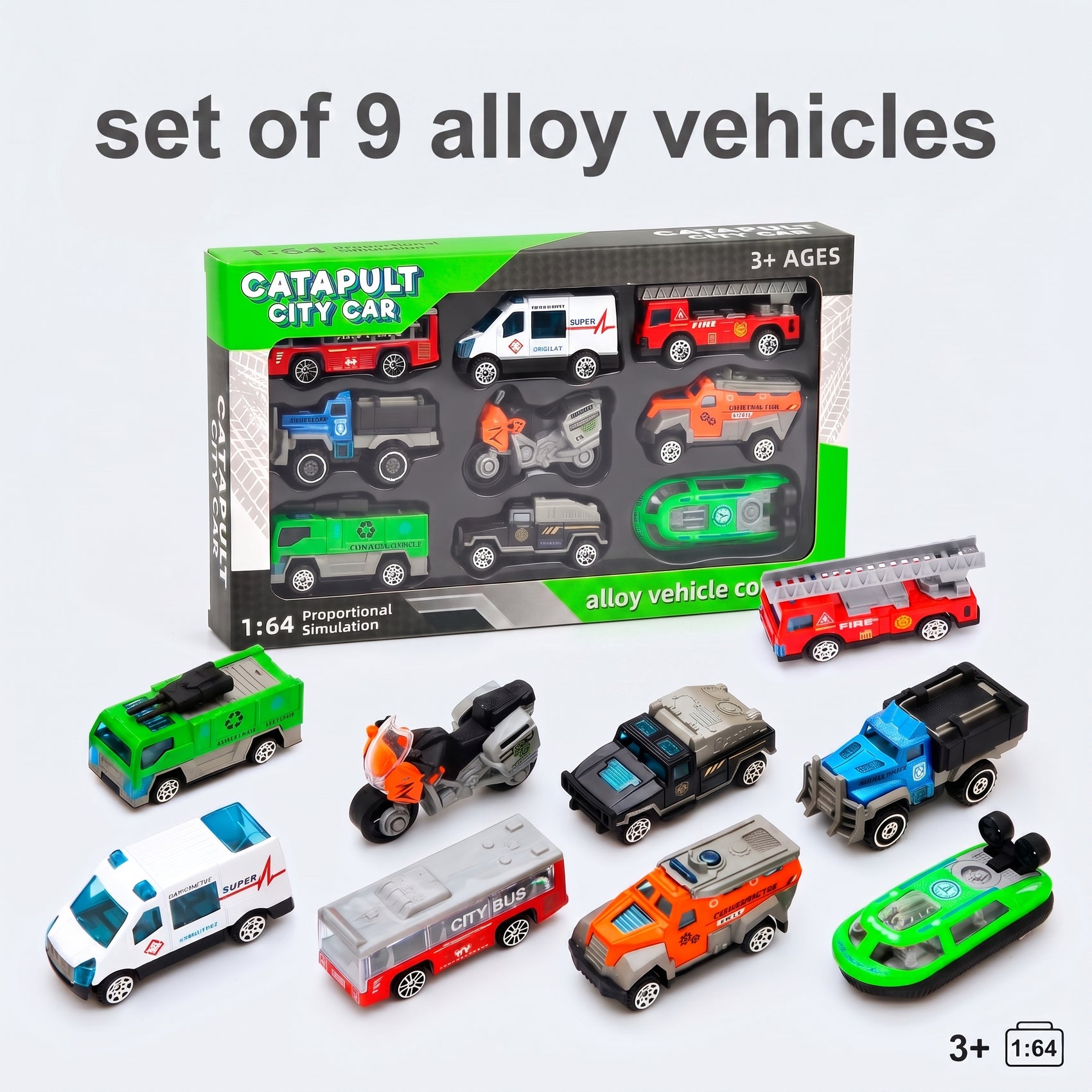 Set de Vehículos de Metal para Niños Escala 1:64 Die Cast Coches de Juego Urbano y Rescate Ambulancia Bomberos Camión Moto