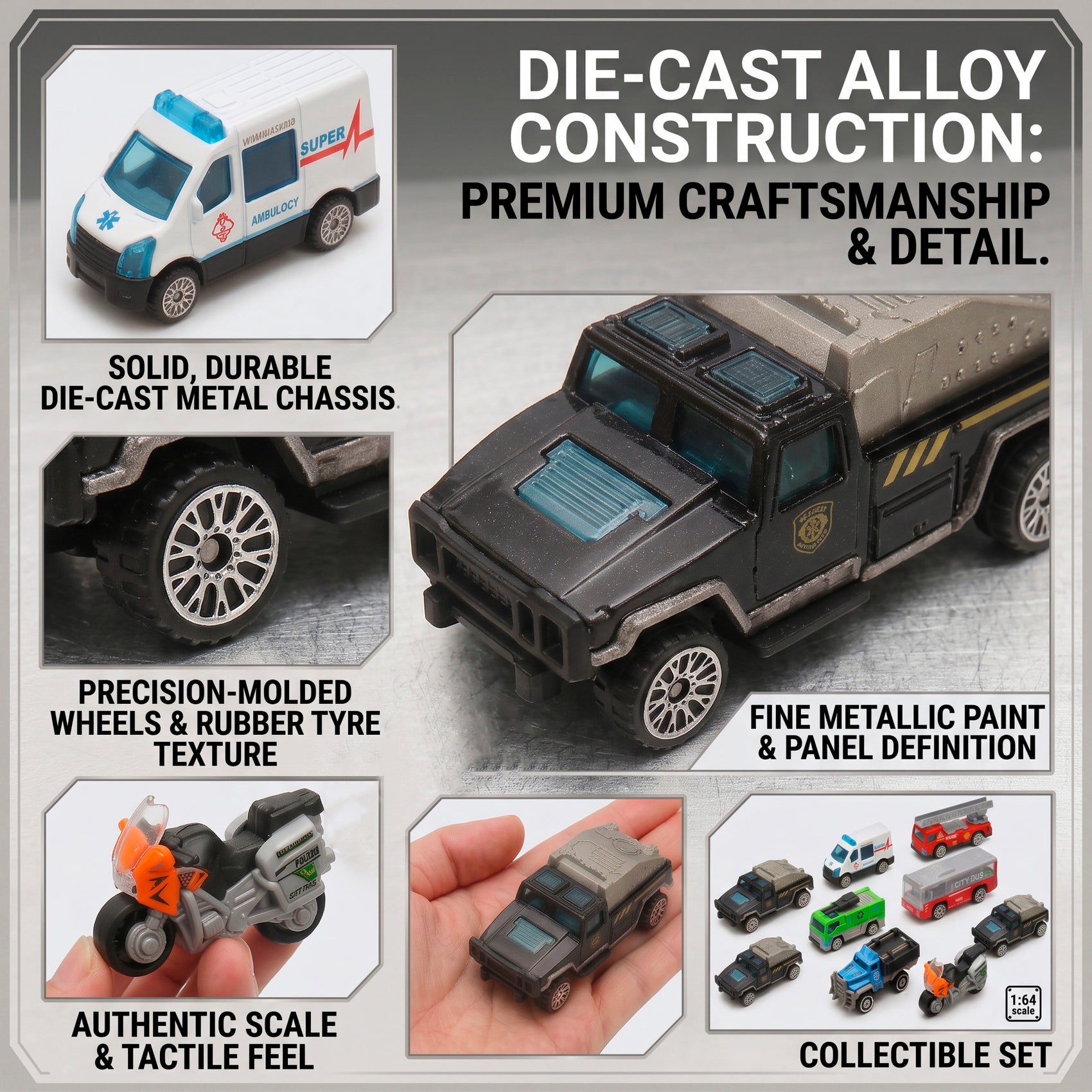 Set de Vehículos de Metal para Niños Escala 1:64 Die Cast Coches de Juego Urbano y Rescate Ambulancia Bomberos Camión Moto