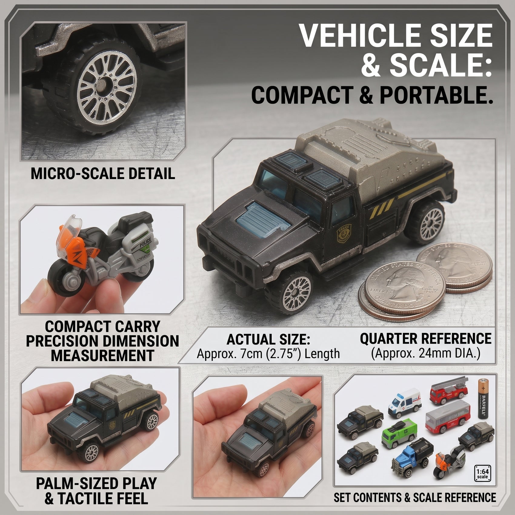 Set de Vehículos de Metal para Niños Escala 1:64 Die Cast Coches de Juego Urbano y Rescate Ambulancia Bomberos Camión Moto