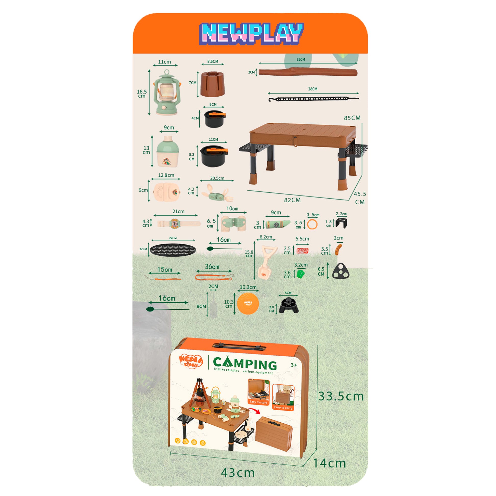 Caja y accesorios set camping portátil madera Newplay - empaque y contenido