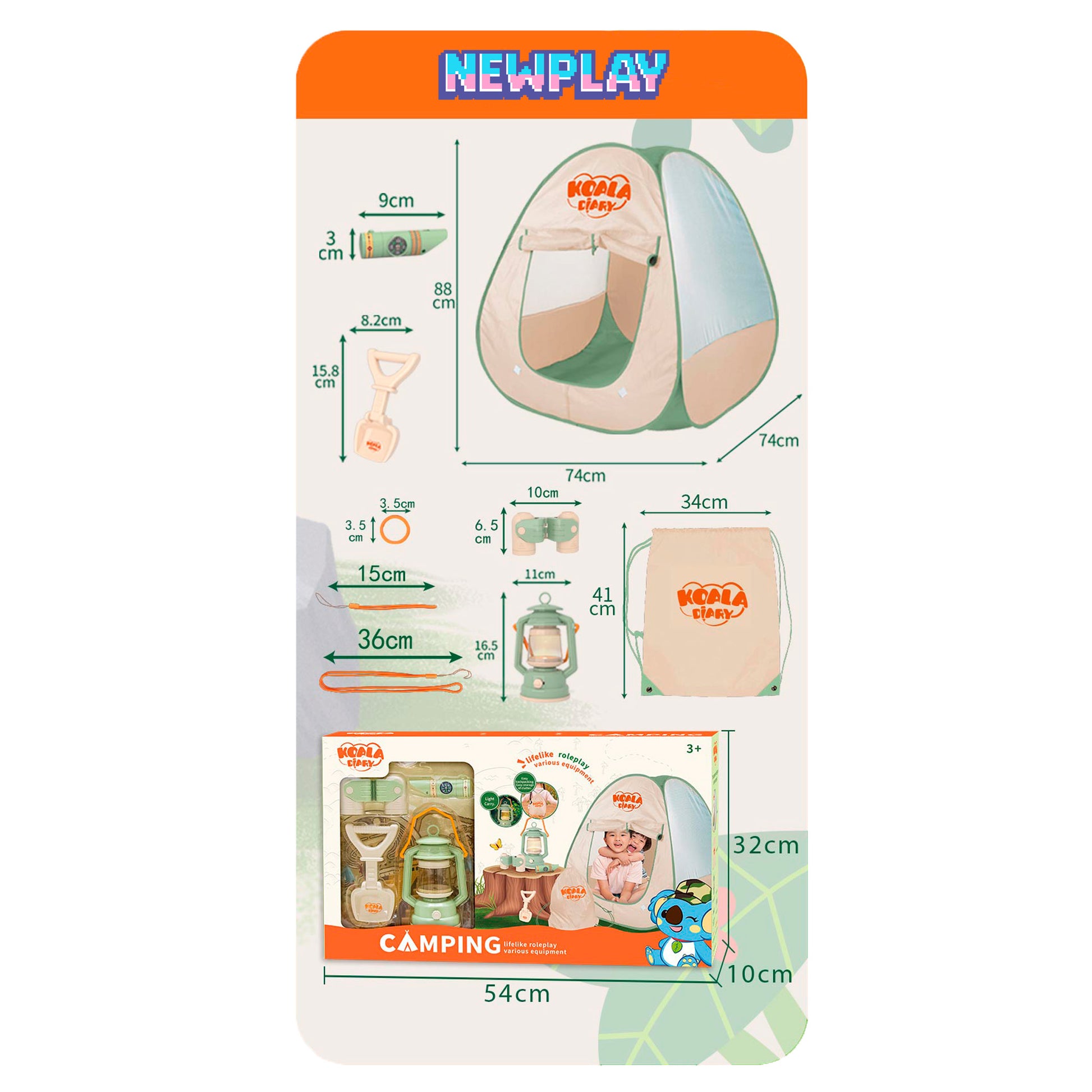 Caja y accesorios set camping tienda campaña Newplay - empaque y contenido