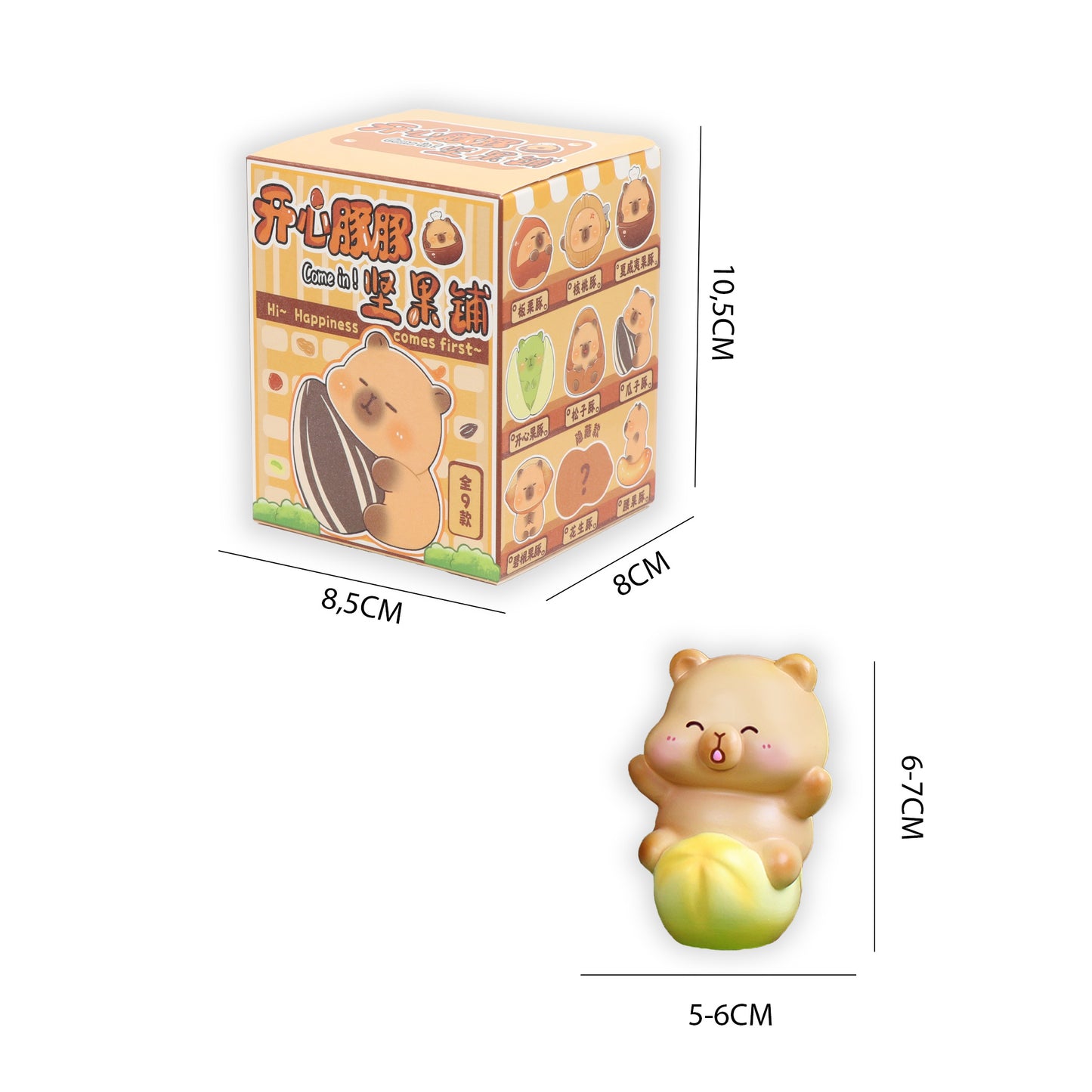 Dimensiones blind box Capibara Newplay - medidas figura y caja