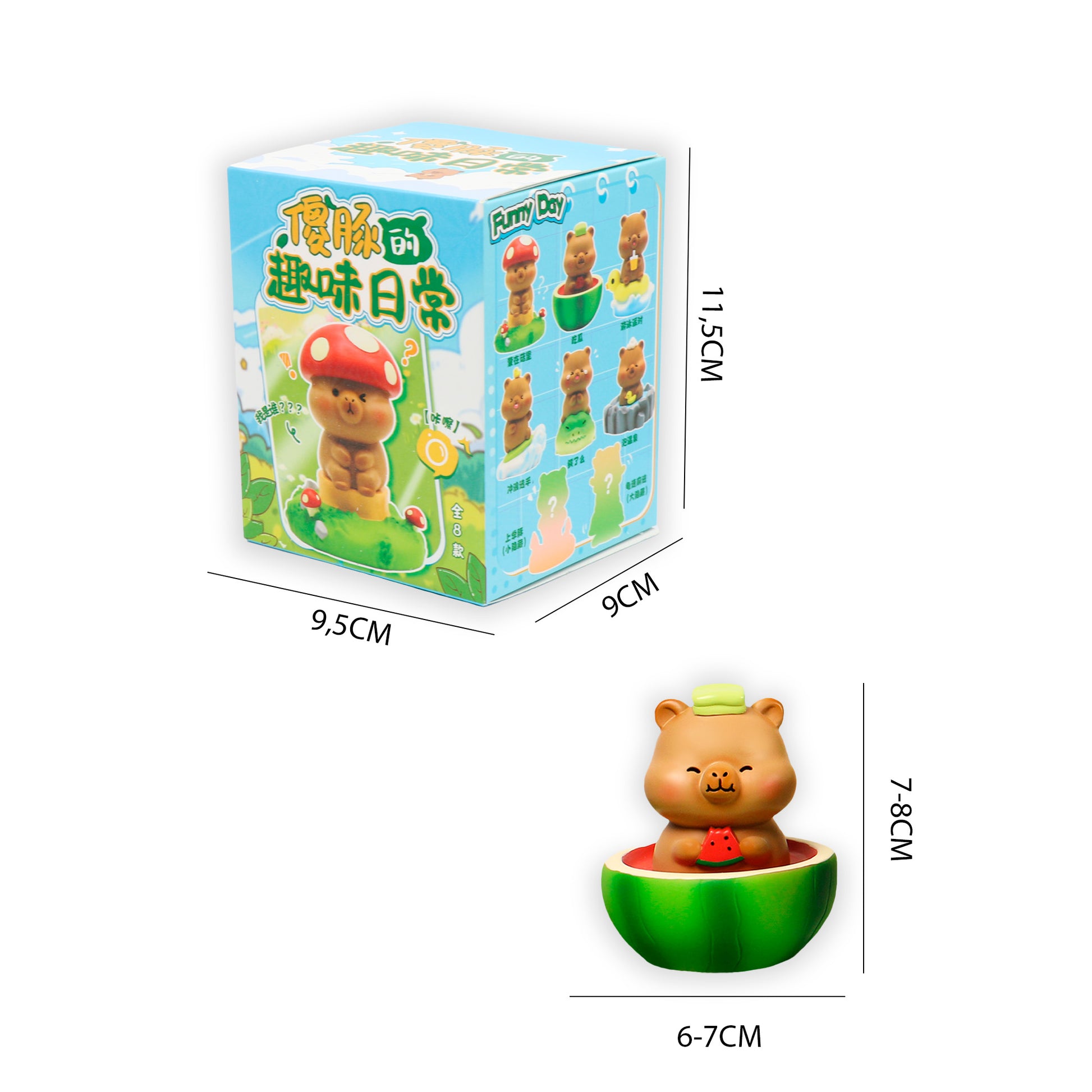 Dimensiones blind box Capibara Newplay - medidas figura y caja