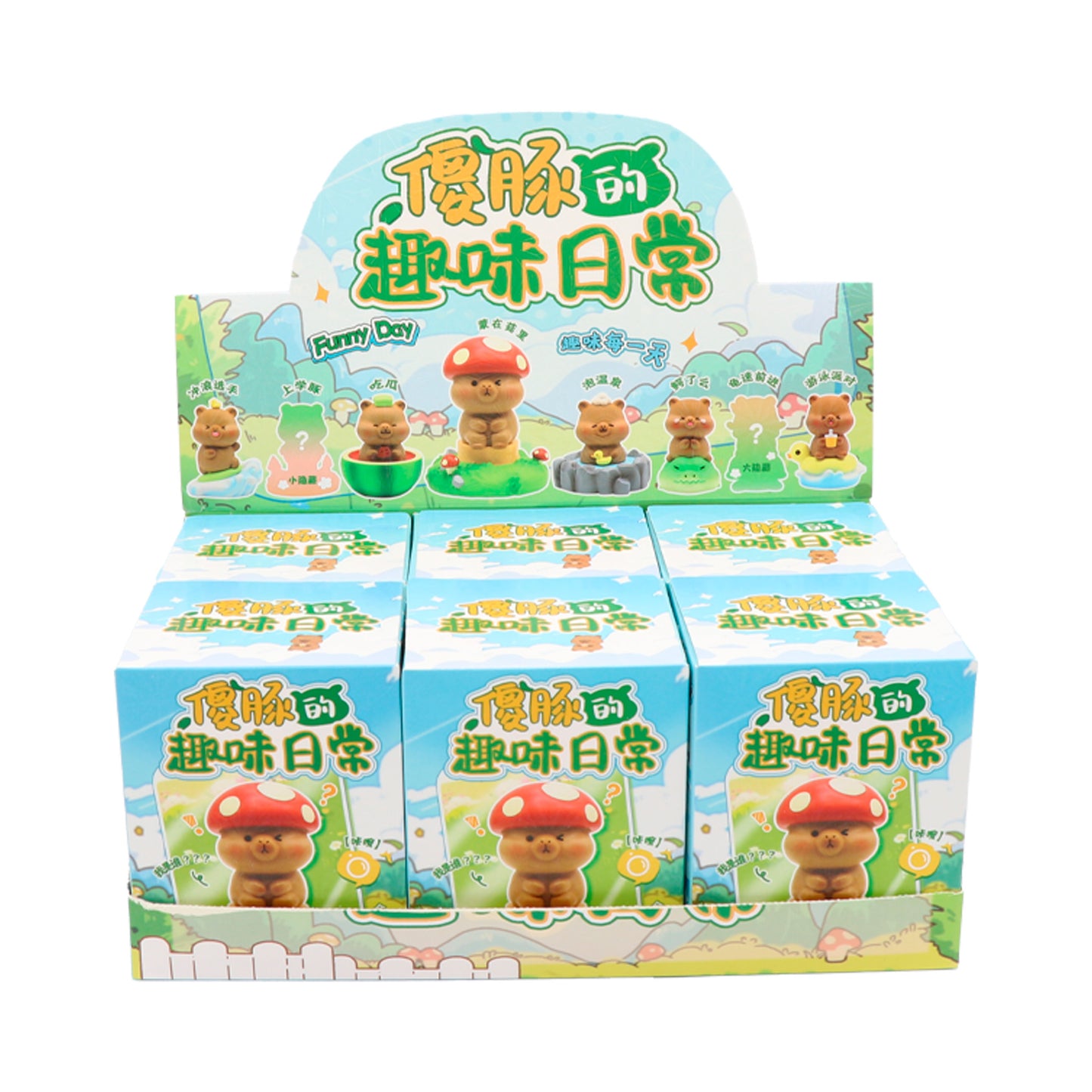 Set completo blind box Capibara diversión 6 figuras Newplay - colección setas