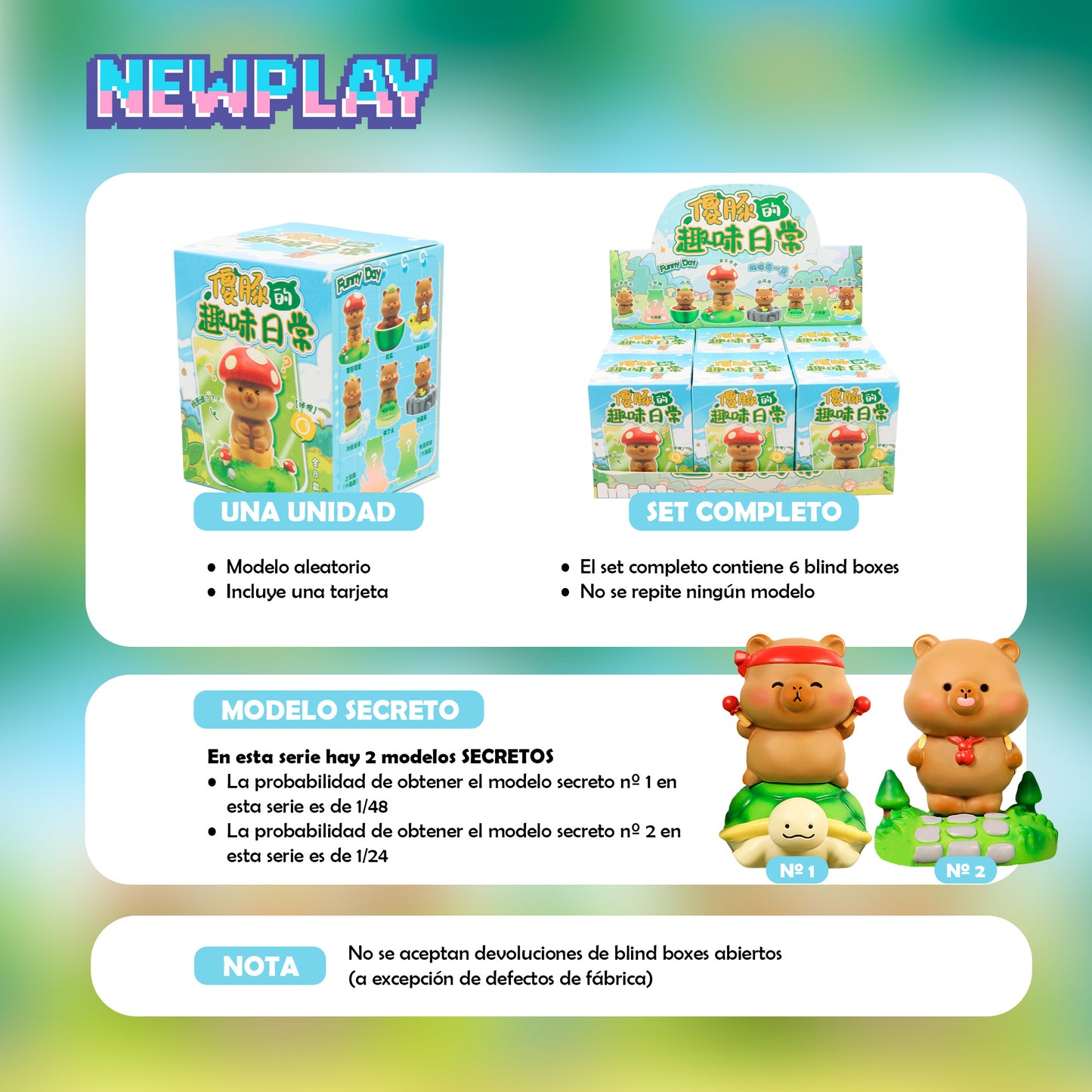 Detalles blind box Capibara diversión Newplay - información serie y modelos secretos
