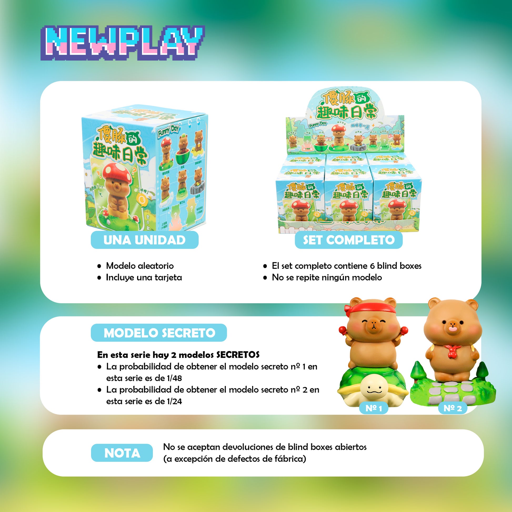 Detalles blind box Capibara diversión Newplay - información serie y modelos secretos