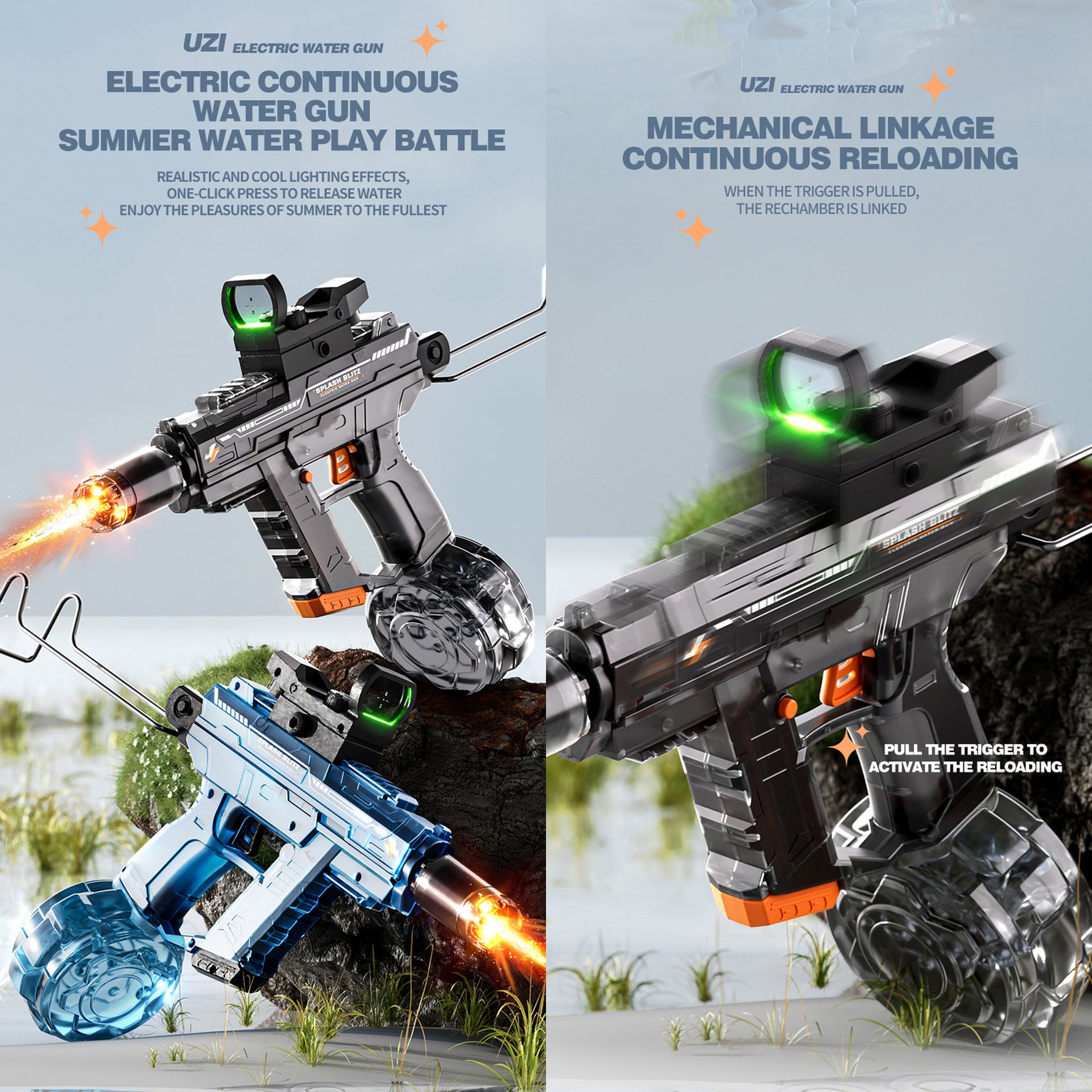 Wiederaufladbare automatische elektrische Wasserpistole von UZI, Grau, 350 ml, 9 m Reichweite, mit Beleuchtung für Kinder und Erwachsene