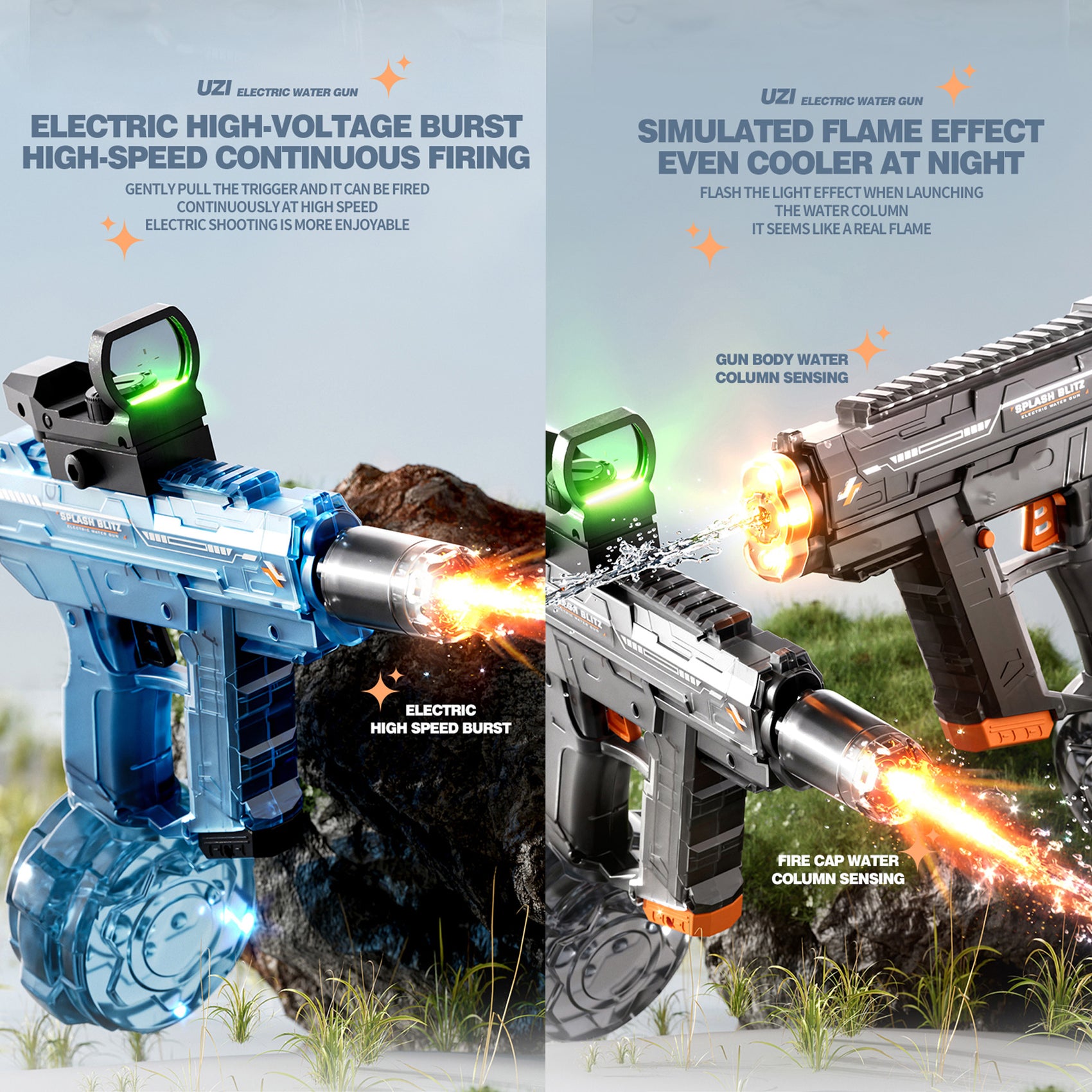 Wiederaufladbare automatische elektrische Wasserpistole von UZI, Grau, 350 ml, 9 m Reichweite, mit Beleuchtung für Kinder und Erwachsene