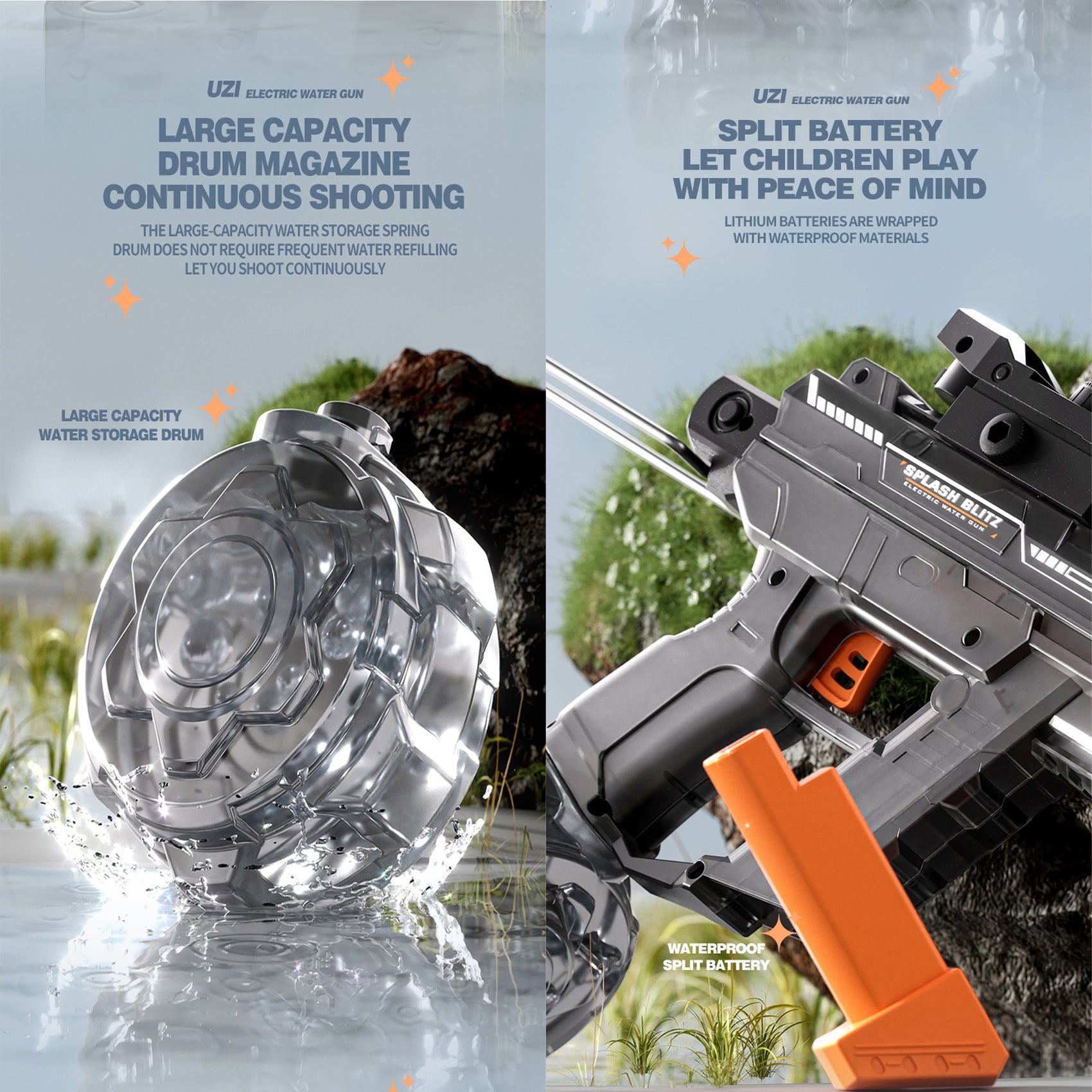 Wiederaufladbare automatische elektrische Wasserpistole von UZI, Grau, 350 ml, 9 m Reichweite, mit Beleuchtung für Kinder und Erwachsene