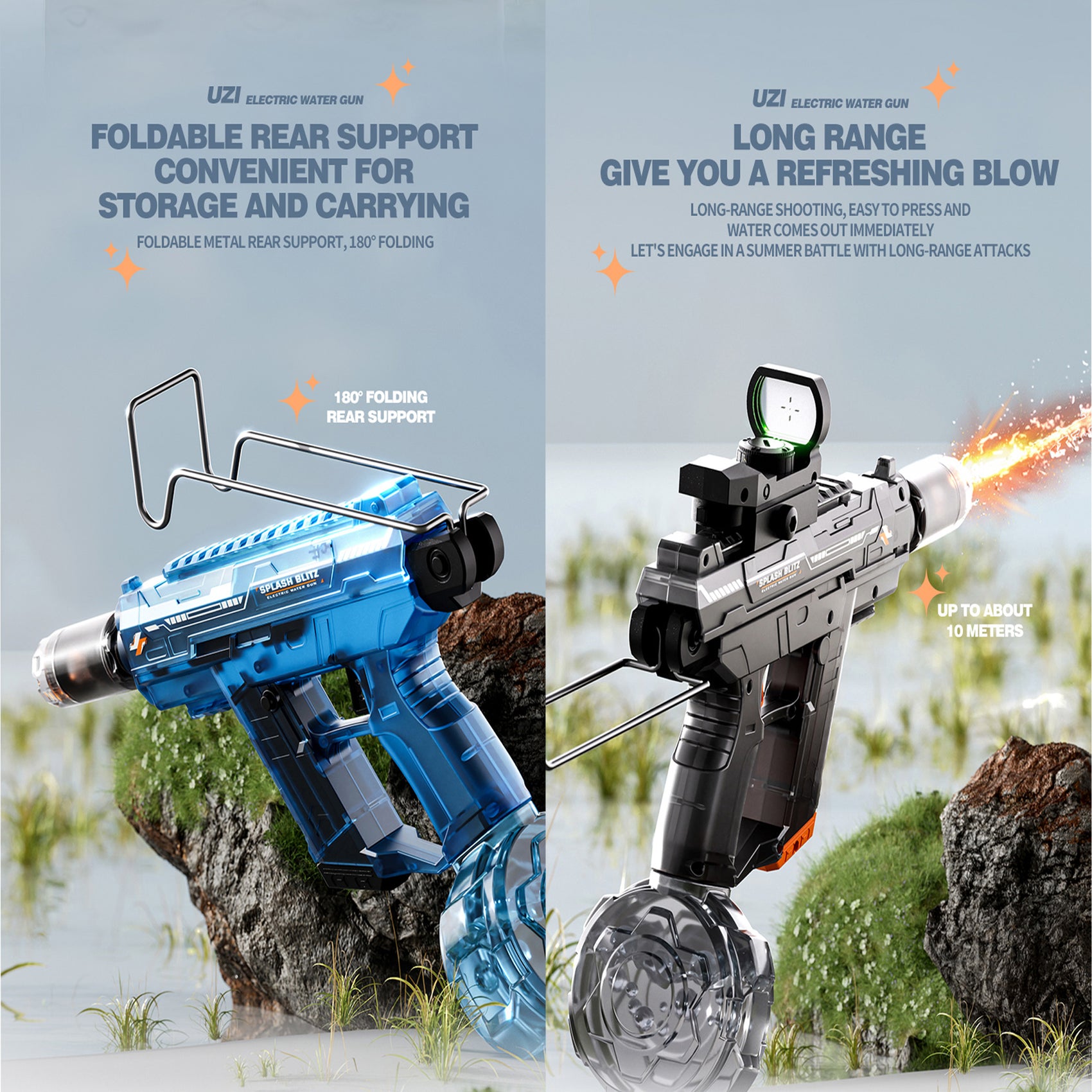 Wiederaufladbare automatische elektrische Wasserpistole von UZI, Grau, 350 ml, 9 m Reichweite, mit Beleuchtung für Kinder und Erwachsene