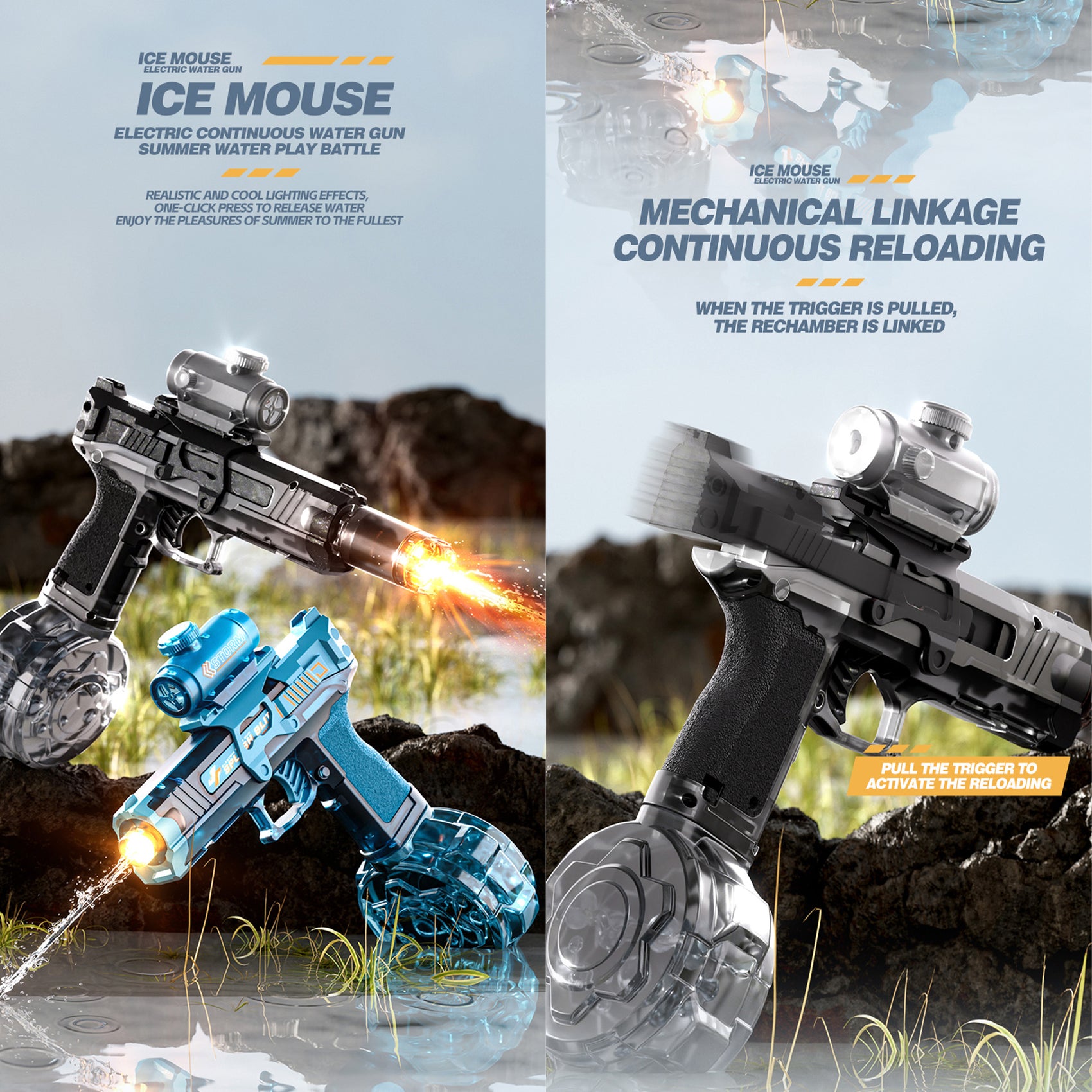 Wiederaufladbare automatische elektrische Wasserpistole, blau, 350 ml, 9 m Reichweite, mit Lichtern für Kinder und Erwachsene