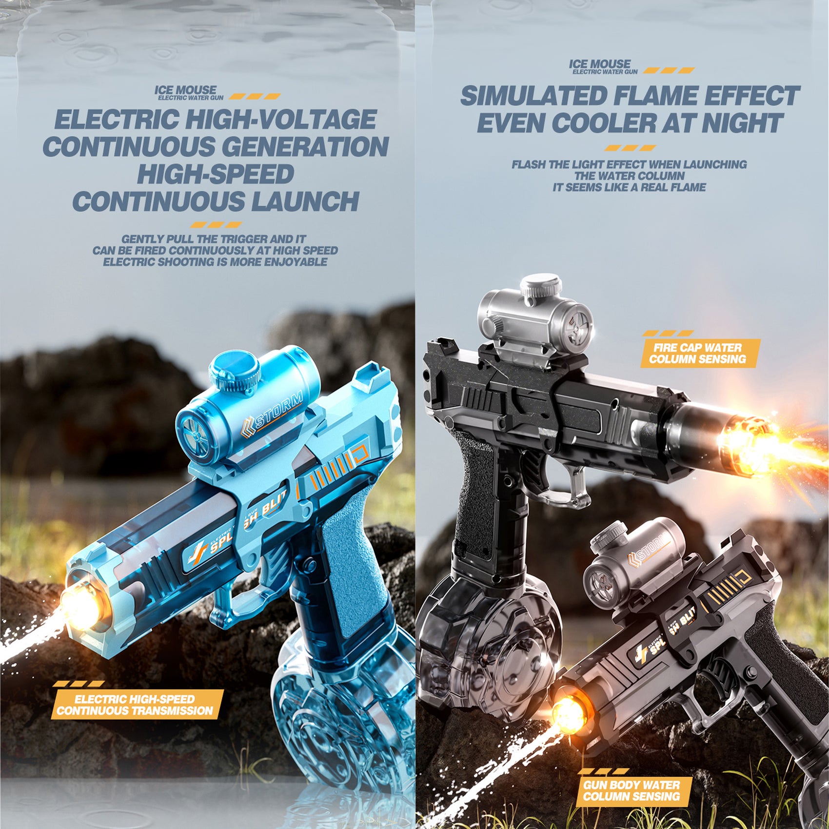 Wiederaufladbare automatische elektrische Wasserpistole, blau, 350 ml, 9 m Reichweite, mit Lichtern für Kinder und Erwachsene