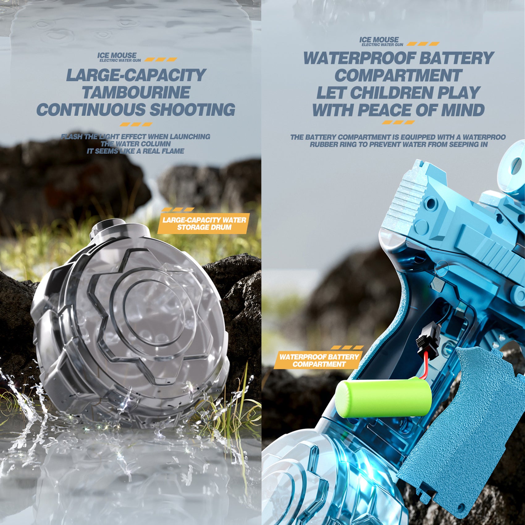 Wiederaufladbare automatische elektrische Wasserpistole, blau, 350 ml, 9 m Reichweite, mit Lichtern für Kinder und Erwachsene