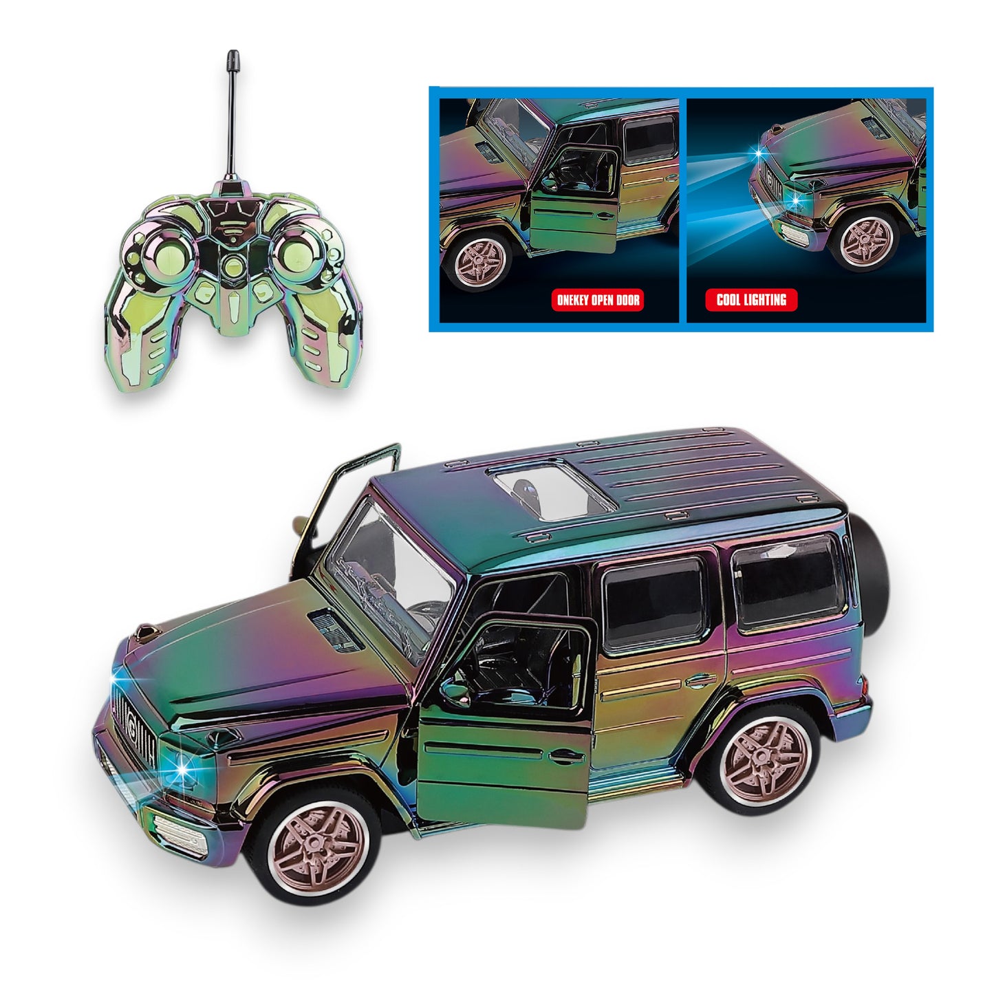 Coche SUV Radiocontrol Cromado Multicolor con Puertas Automáticas y Luces Escala 1:14