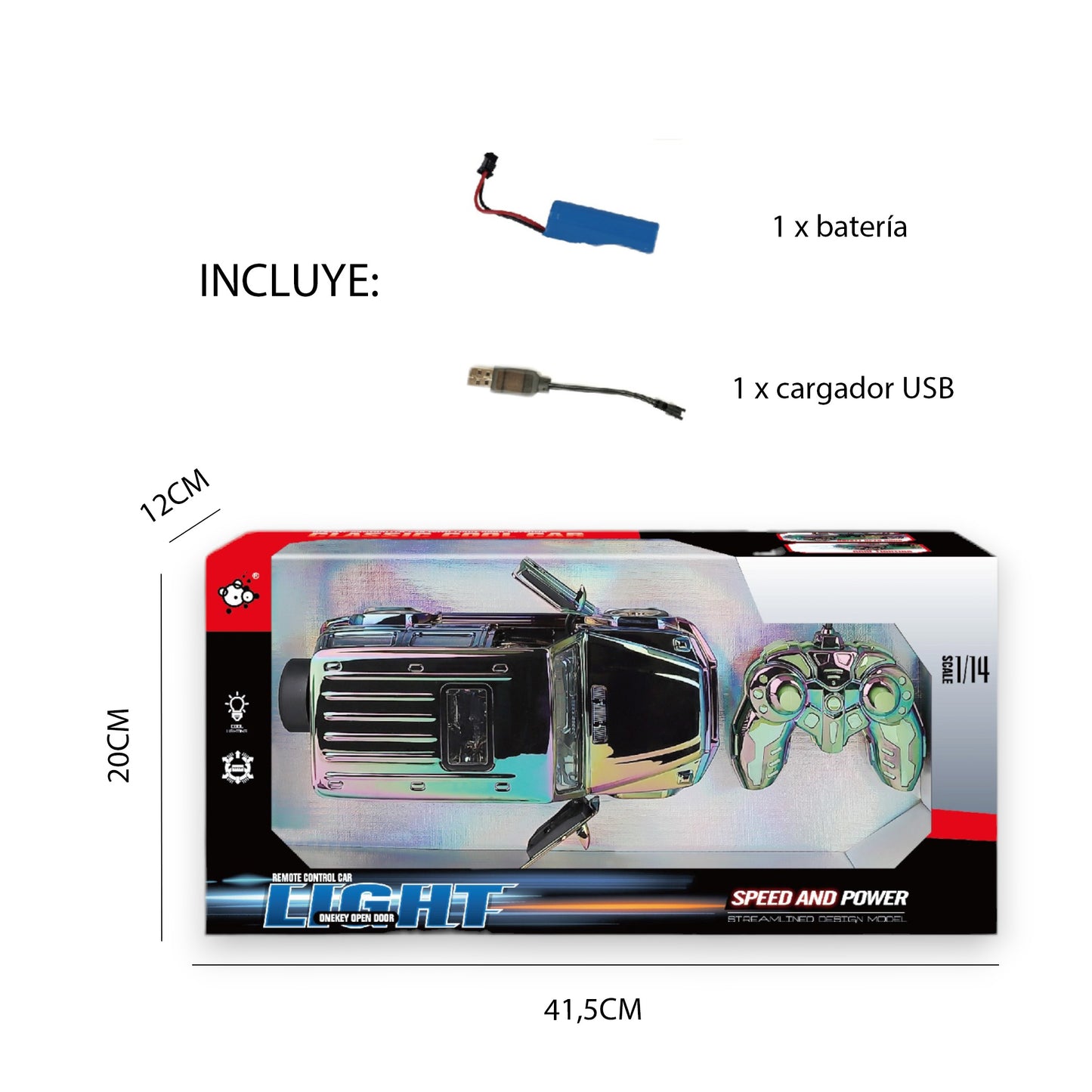Coche SUV Radiocontrol Cromado Multicolor con Puertas Automáticas y Luces Escala 1:14