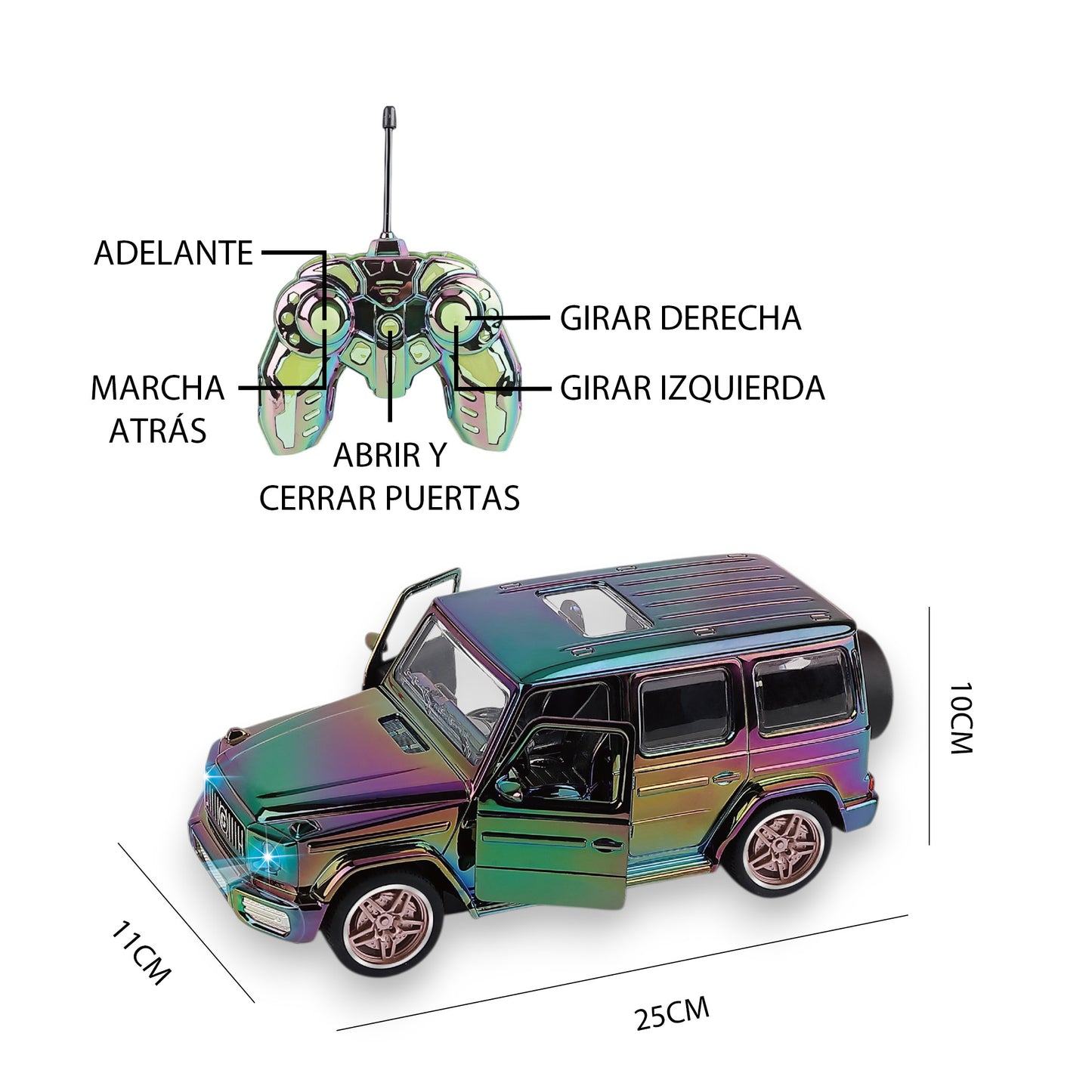 Coche SUV Radiocontrol Cromado Multicolor con Puertas Automáticas y Luces Escala 1:14