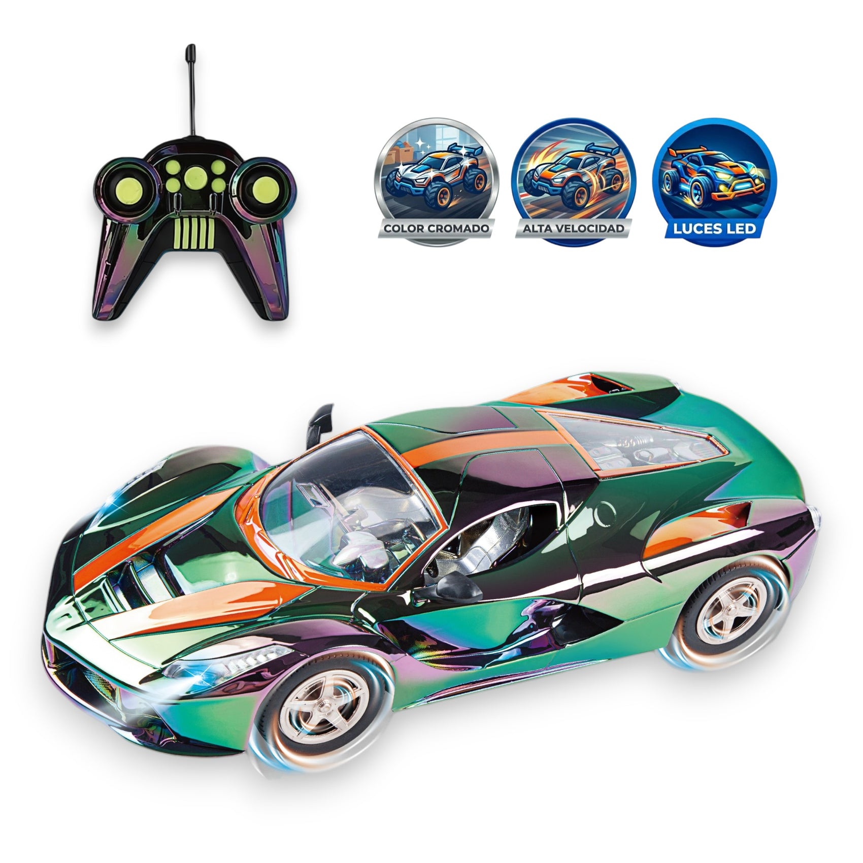 REMOTE CONTROLLED CHROME SPORTS CAR WITH LIGHTS 1:18 SCALE