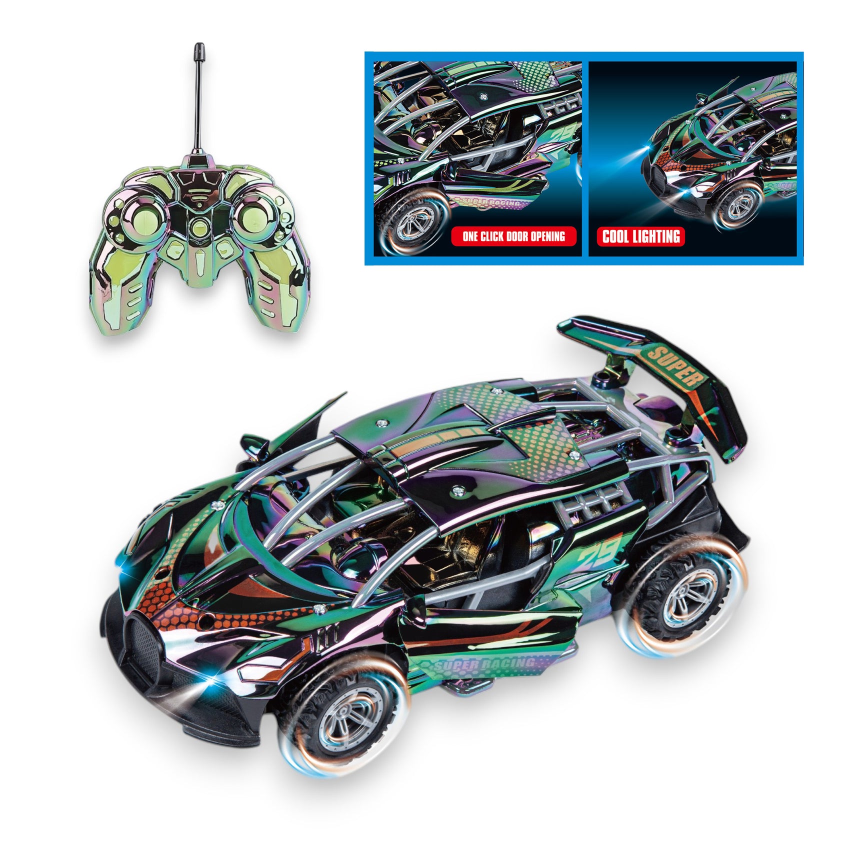1:18 Maßstab, verchromter, mehrfarbiger, ferngesteuerter Supersportwagen mit automatischen Türen und Lichtern