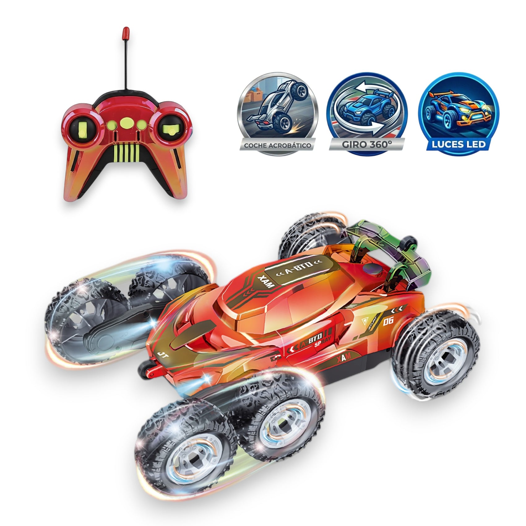 Ferngesteuertes Stuntauto mit 6 Rädern, leuchtenden Farben, 360°-Bewegungsfreiheit und Beleuchtung, Maßstab 1:16