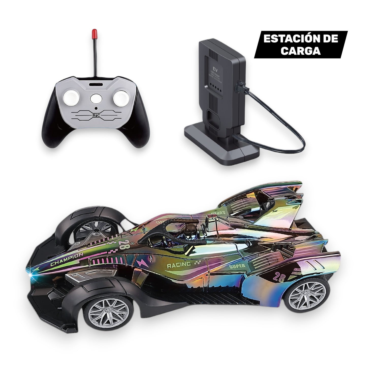 Multicolor Chrome Sports Car Remote Control with Charging Station and Lights 1:14 Scale