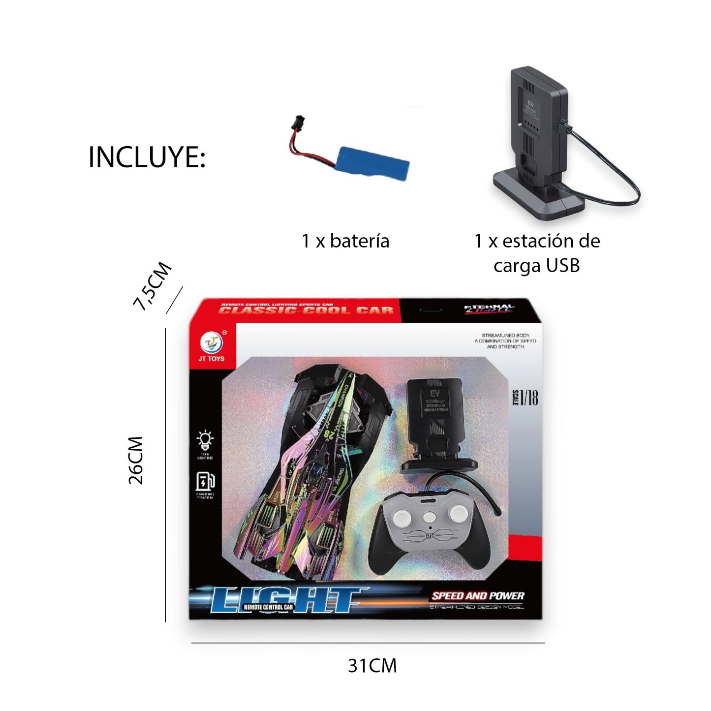 Multicolor Chrome Sports Car Remote Control with Charging Station and Lights 1:14 Scale
