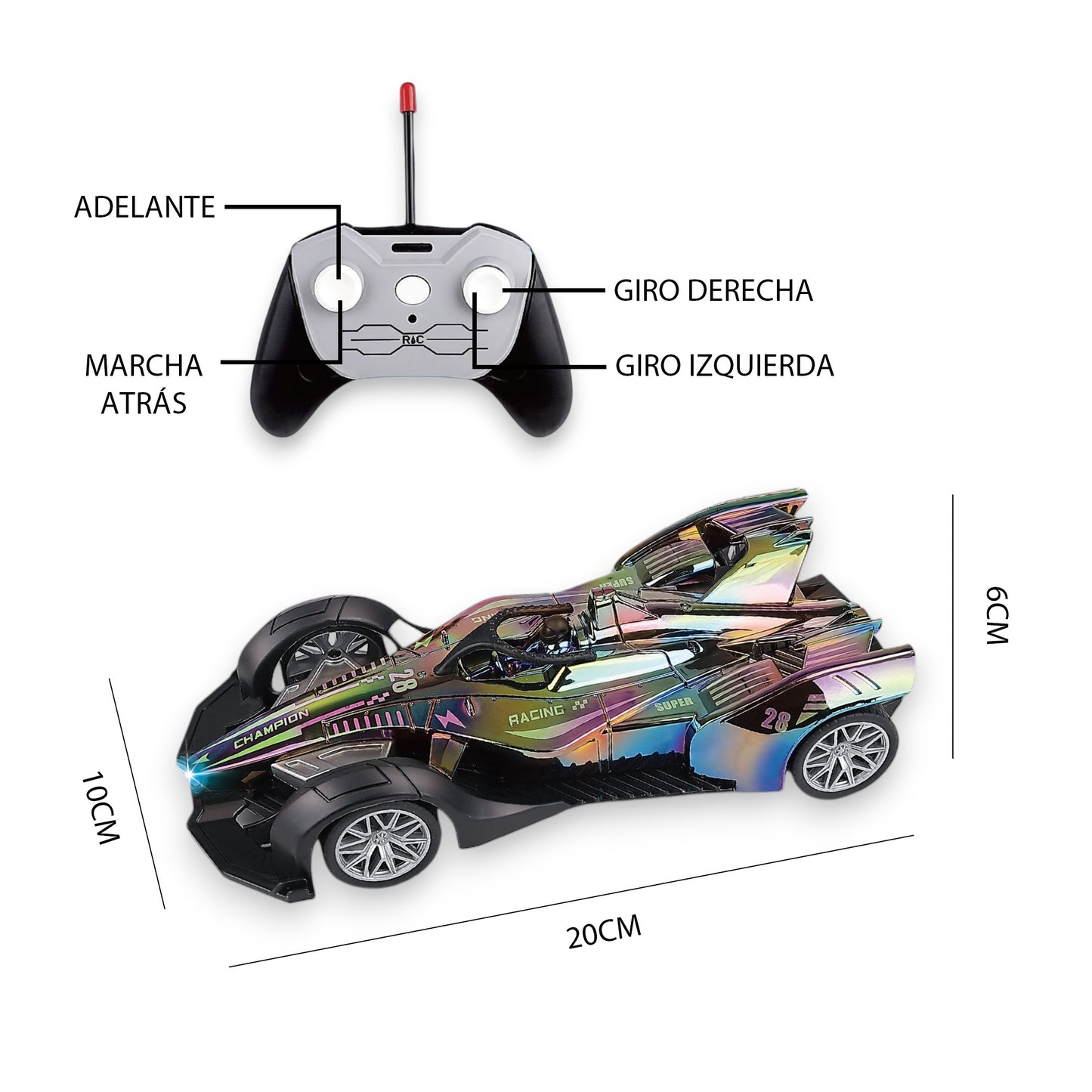Multicolor Chrome Sports Car Remote Control with Charging Station and Lights 1:14 Scale