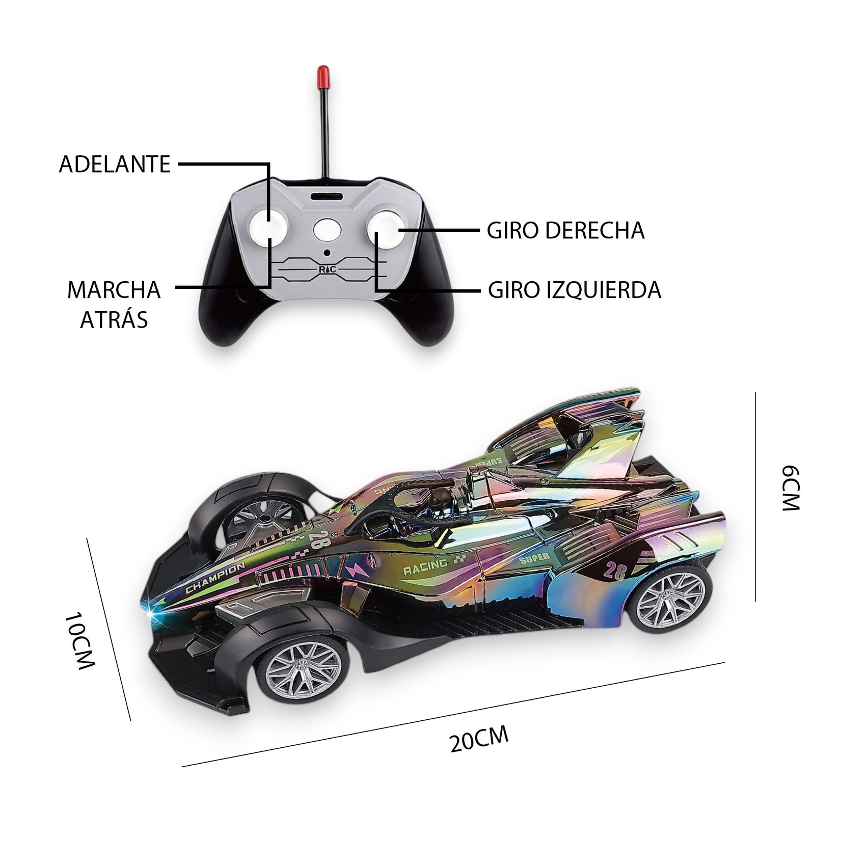 Mehrfarbiges, chromfarbenes ferngesteuertes Rennauto mit Ladestation und Beleuchtung, Maßstab 1:14