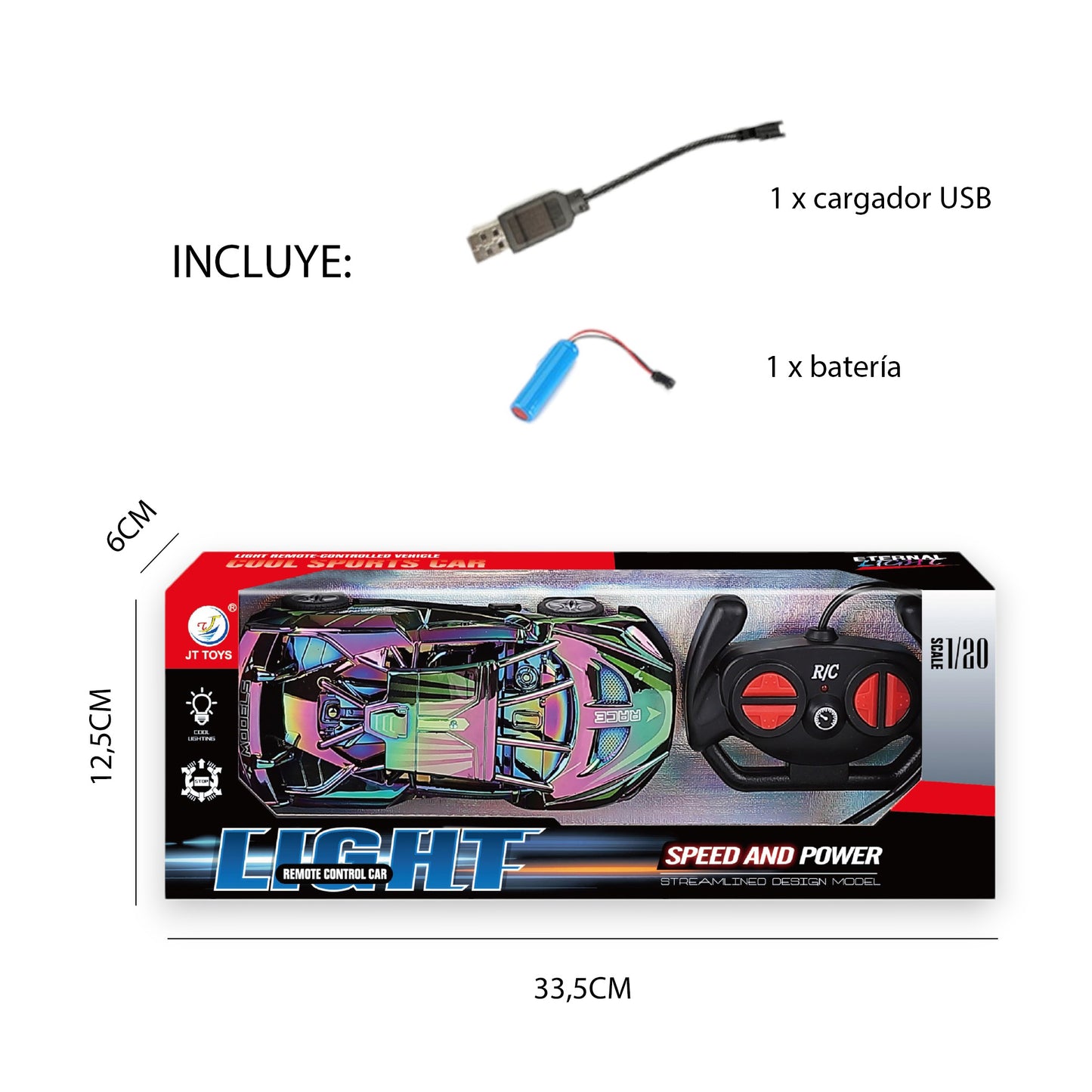 Coche Superdeportivo Radiocontrol Cromado Multicolor con Luces Escala 1:20